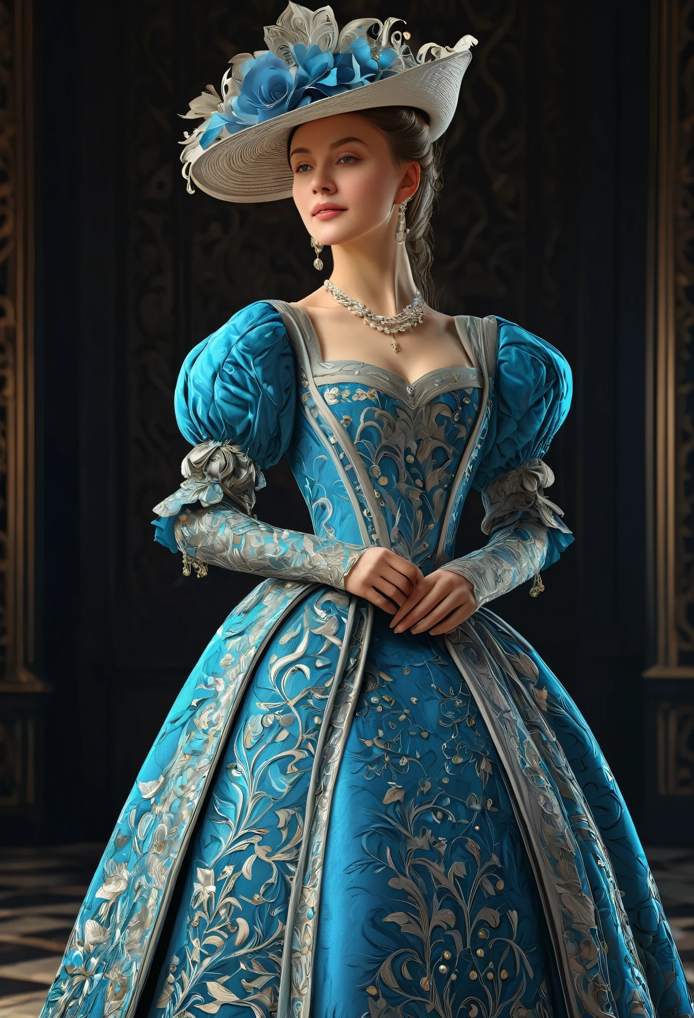 Woman in luxurious long dress、hat、Renaissance design、intricate detailed, Digital Art、Octane Render、3D Rendering、
