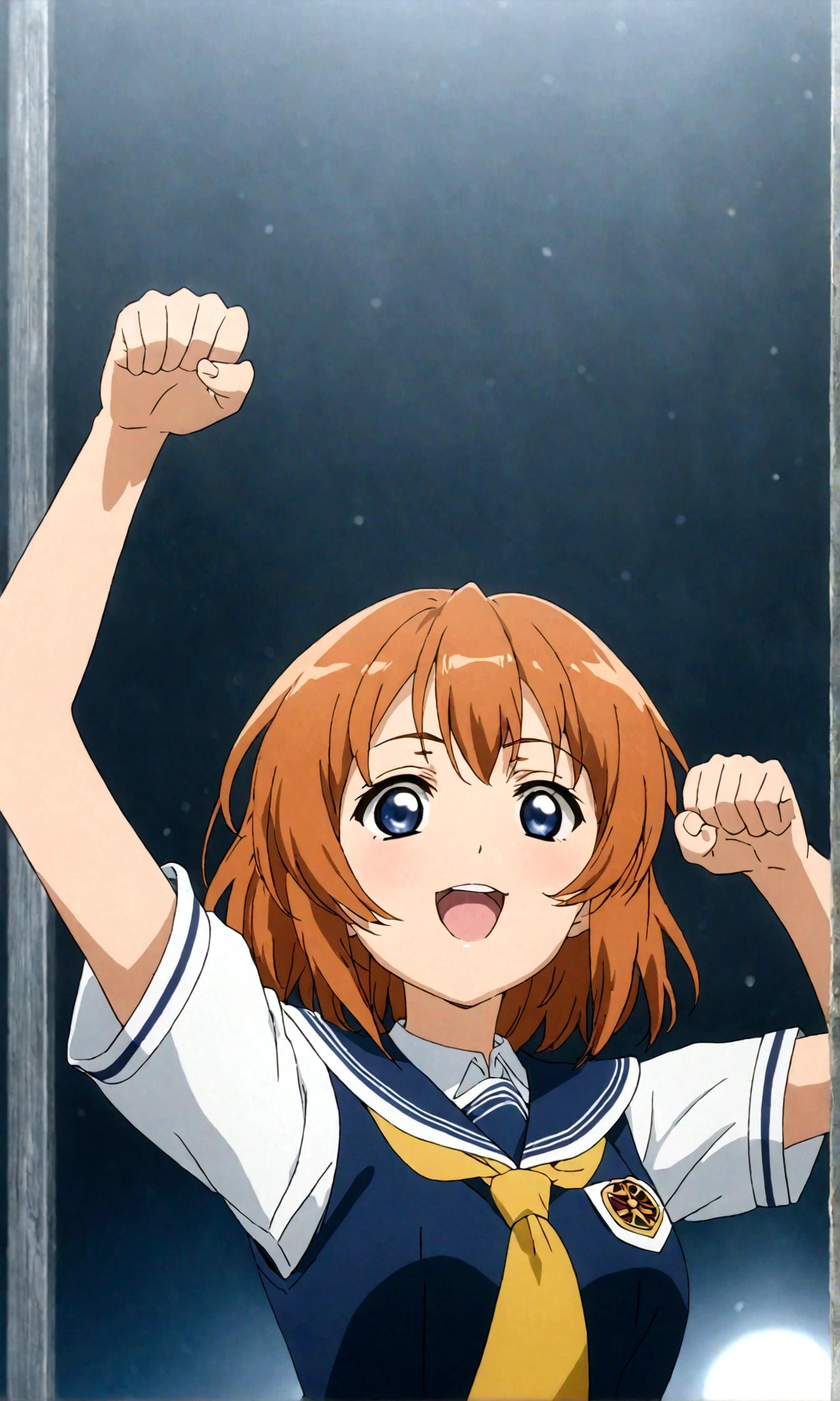  score_9, score_8_up, score_7_up, score_6_up, source_anime, , 1girl, ryuuguu rena, solo, teenage, kawaii, breasts, medium breasts, blue eyes, blush, open mouth, orange hair, short hair, big breasts, simple background, white background, blue , serafuku, skirt, smile, pleated skirt, blue skirt, necktie, yellow necktie,paw pose,straight-on,anime screencap, anime coloring,(best quality),(aesthetic,very aesthetic),anime keyvisual,sharp focus,depth of field,,professional lighting,cinematic lighting,