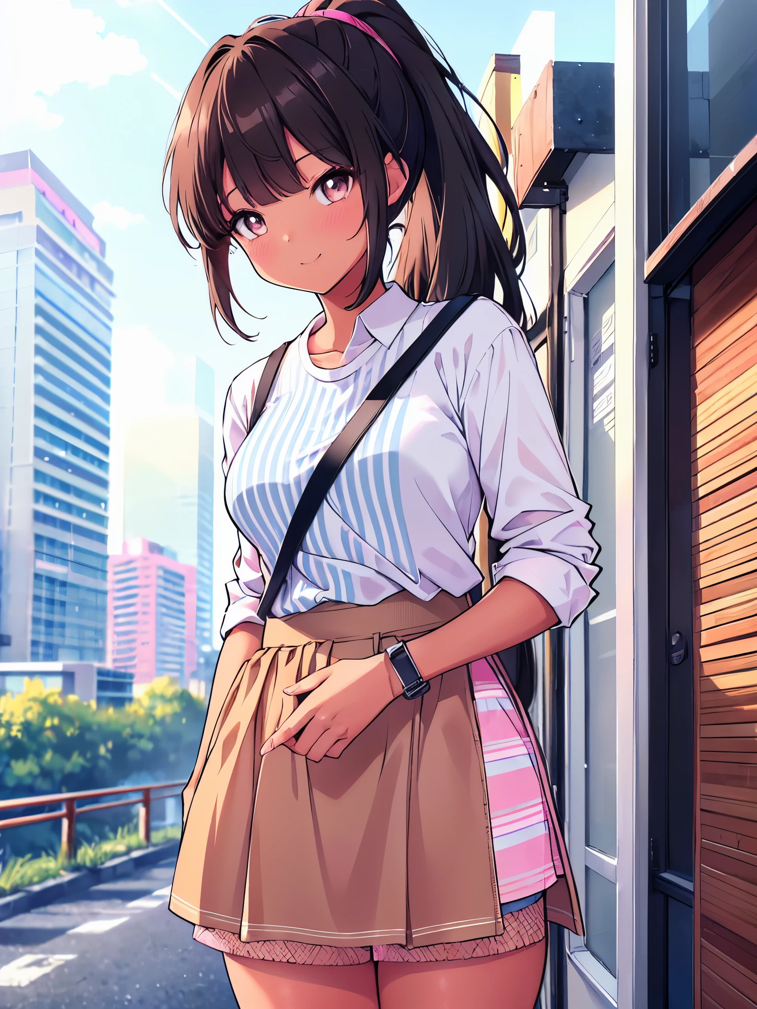 (cowboy shot), (ultra-high resolution, depth of field:1.2), 1woman, medium breasts, (tan skin:1.4), brown eyes, (long straight black hair), ponytail, bangs, (white casual shirt:1.4), light blue chocker, (pink skirt:1.1), (light blue stripes), (fishnets), tight strap, gentle smile, urban scenery