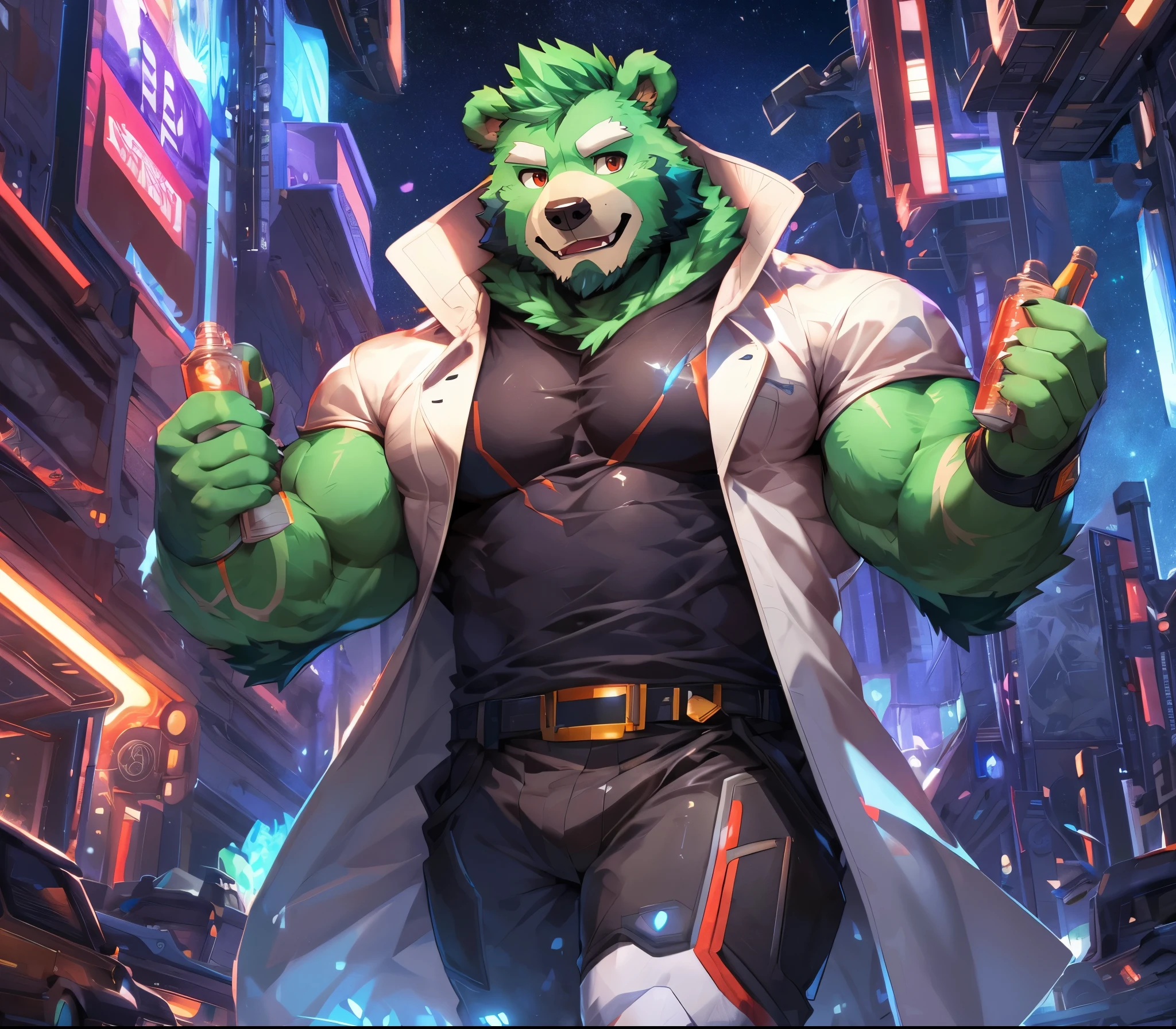 masterpiece, high quality, anime, detailed eyes, male jinpei, anthro, bear, Great physique, strong arms manly, in the Space, Walking in the city, Future city, Casual suit, (((green bear))), (((green fur))), green hair, beard, white eyebrows, bald, detailed red eyes, tall, (Rainbow Spark), Shimmering crystal flower, Joyful, (black t-shirt inside), (((white unhooded trench coat ))), by zixiong, by null-ghost, by pino daeni