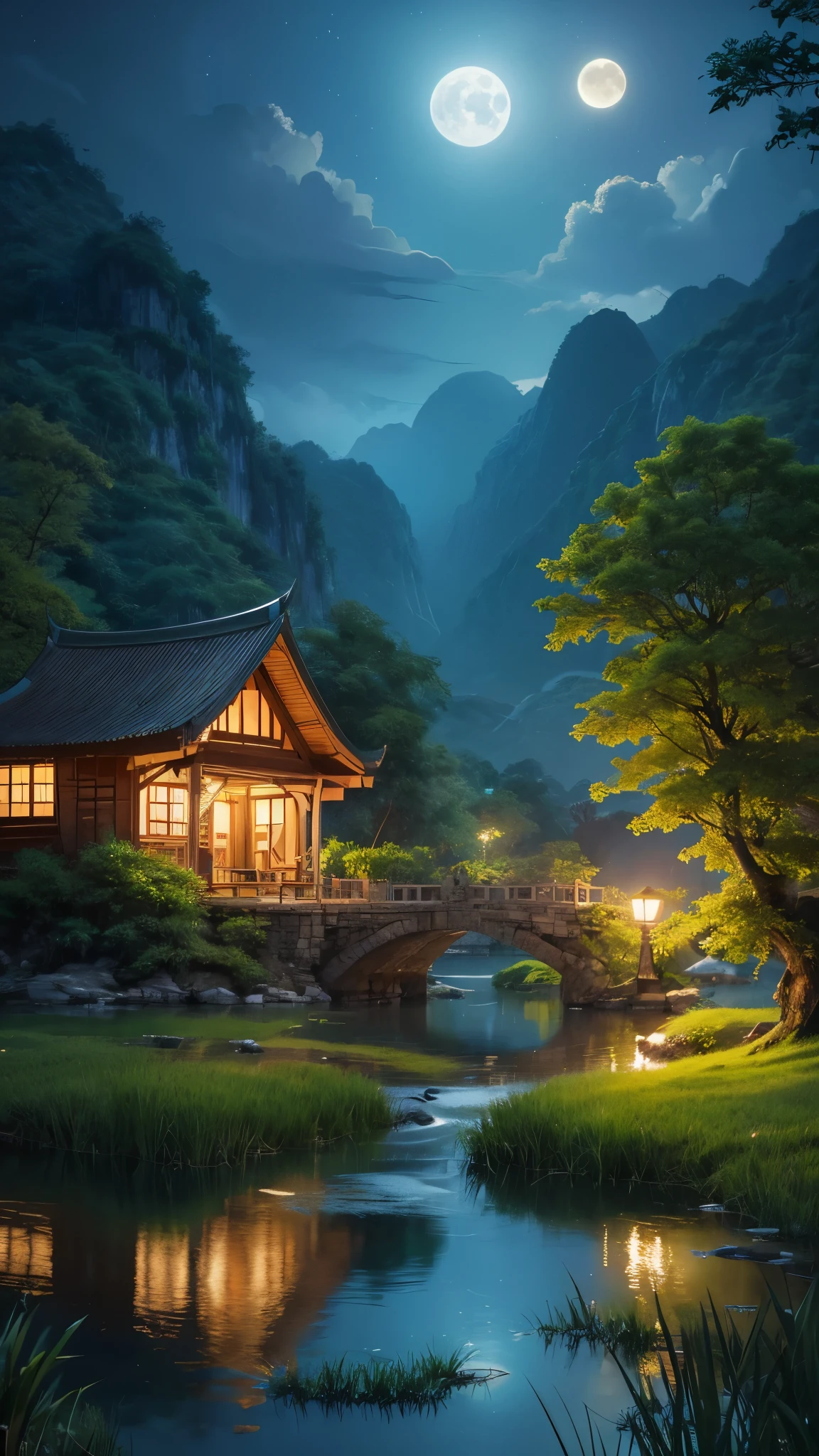 アジアの家のNight view, Vietnam, Vietnam, Hazan, moon, Lake in the foreground, quiet night, Green and Blue, Digital Illustration, Highly detailed digital art in 4K, Night view, anime art wallpaper 4k, anime art wallpaper 4k, 4K Detailed Digital Art, Natural scenery at night, Anime Art Wallpapers 8K, Background artwork, Beautiful Art UHD 4K, 4k HD illustration wallpaper