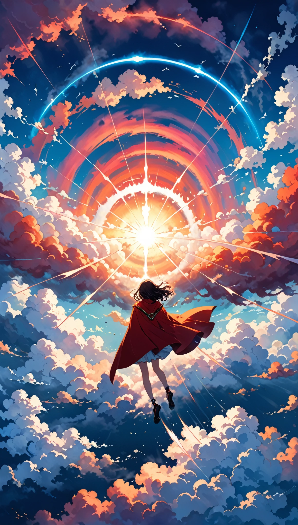 in style of Daniel Merriam,
colorful clouds,a large sea of clouds,(shock wave:1.5),(breaking through the clouds:1.4),(ring-mounted shockwave clouds:1.4),motion blur,
1girl,(flight maneuvers:1.2),dynamic action,red cape,cloud ring,