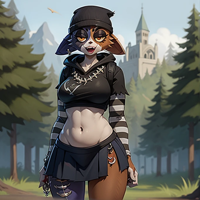 (best quality, masterpiece:1), solo, (shaded face:1.2), furry female anthro meowskulls, (noseless:1.3), standing, tail, smile, looking at viewer, open mouth, necklace, wide-eyed, beanie, black hoodie, striped sleeves, purple skirt, fish hook piercing, (grass dirt background background:1.1), Black nosel, fortnite, thick thighs, wide hips, belly Button, navel, teeth, skirt, semi realistic, size K bra and breasts
