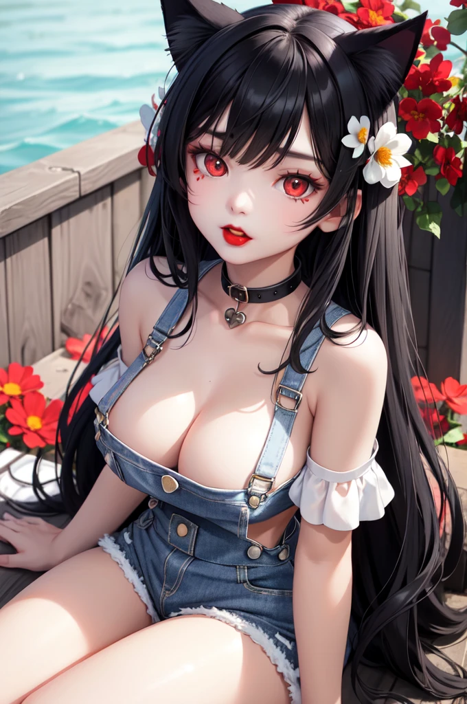 Detailed facial details，1 girl、Cat ear，Black long hair,Red lips，Wear white overalls，Large Breasts，Denim shorts，Slim，Charming red eyes，Handcuffs，Collar，Radiant Skin，Facial details are very detailed, Sit on flowers，Sea of Flowers