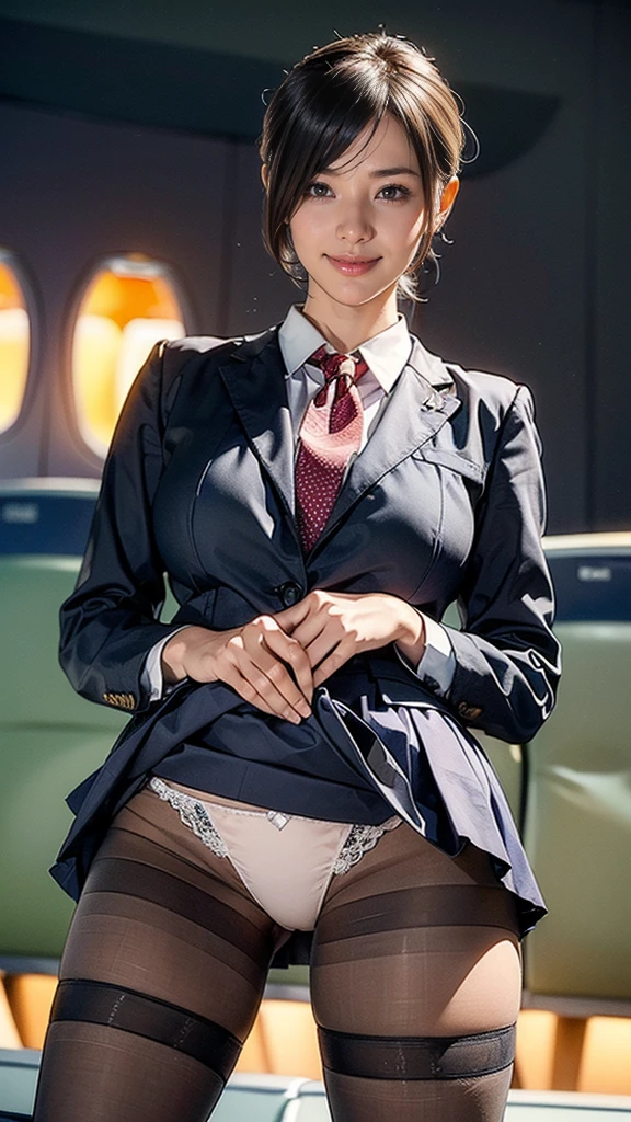 (One Woman),(Japanese),(Short Hair),(45 years old),(whole body:1.5),(front:1.5),(Skirt lift:1.5),(cabincrew),(stewardess),(((Skirt flip:1.5))),(pantyhose:1.5),(((Adult-like panties:1.5))),(Fitted flight attendant uniforms:1.5),(smile:1.5),(Beautiful Eyes:1.3),(Very detailedな顔:1.5),((Very detailedな女性の手の描画:1.5)),((Beautiful Skin:1,5)),(Delicate skin depiction:1.5),(Functional:1.5),(Big Breasts:1.4),(((Thick thighs:1.5))),BREAK((In Airplane:1.4)),(((Blur the background:1.5))),(Written boundary depth:1.5),BREAK(((masterpiece:1.5),(highest quality:1.5),(Very detailed:1.5),(High resolution:1.5),(Realistic:1.5),(Photorealistic:1.5))),8k,wallpaper