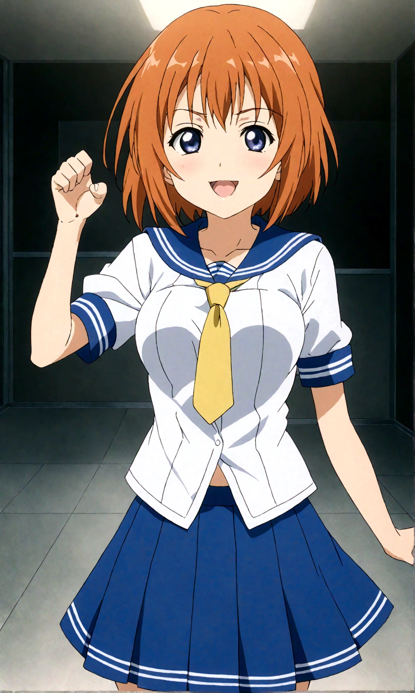 score_9, score_8_up, score_7_up, source_anime, , 1girl, ryuuguu rena, solo, teenage, kawaii, breasts, medium breasts, blue eyes, blush, open mouth, orange hair, short hair, breasts, simple background, white background, blue , serafuku, skirt, smile, pleated skirt, blue skirt, necktie, yellow necktie,paw pose,straight-on,anime screencap, anime coloring,(best quality),(aesthetic,very aesthetic),anime keyvisual,sharp focus,depth of field,,professional lighting,cinematic lighting,