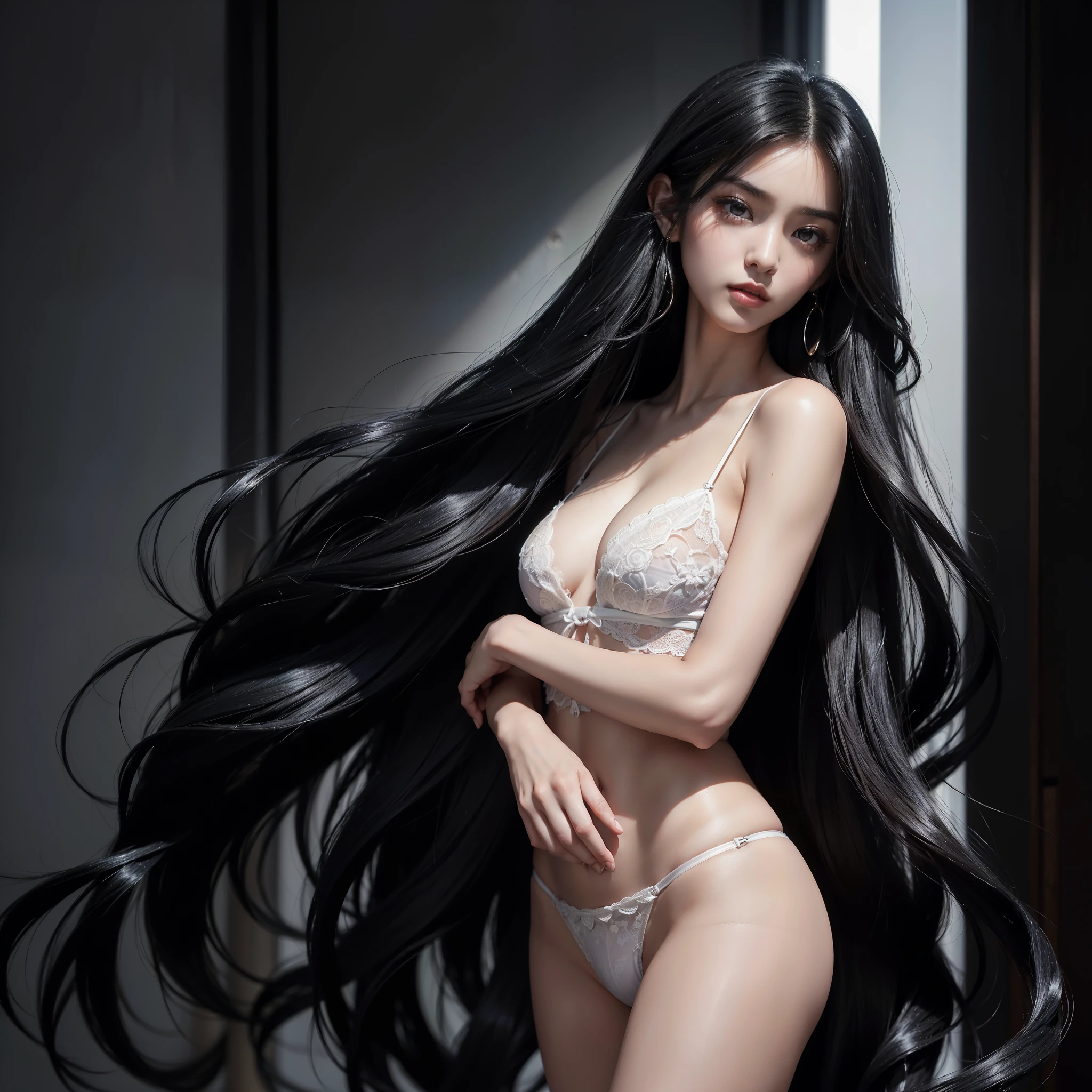 (Best image quality、highest quality、Highest Resolution、Ultra-realisticな写真、Full body photo、masterpiece、16k、)One Girl、Her surprisingly long black hair is very beautiful、Hair length: Approximately 3 meters、White underwear or naked、Cover the whole body with jet black straight hair、とてもbeautiful顔、beautiful, Well-groomed black hair、Very large amounts of hair、Super long black hair that accentuates feminine sexiness、Slim figure、輝くbeautiful髪、Bright lighting、Professional Lighting、World Long Hair Contest Winner、Full body photo、Head to toe photos、Photo taken from about 4 meters away、Ultra-realistic、both hands、2 feet、The longest black hair in the world、My hair is heavy and tired、Hair longer than Rapunzel、Very large amounts of hair、I have very long black hair covering my entire body.、Shampooing every day makes your hair very clean.、My hair smells like roses、とても長い黒髪がIをセクシーにしている、Iの魅力はとても長い黒髪です.、Long black hair is a symbol of beauty、I'Iは長い黒髪を誇りに思っています、この長いHair lengthとボリュームは世界中で賞賛されています.、Iのとても長い黒髪は扇状に広がっています.、Backwards、Sleeping on your stomach、Silky black hair that flows from her shoulders to the floor、a tremendous amount of hair、Iの髪はとても太い、Wrap the whole bed in hair、Hiding your hands with your long hair、Hiding your fingers with your long hair、A storm of angry black hair is about to spill out of the screen.、