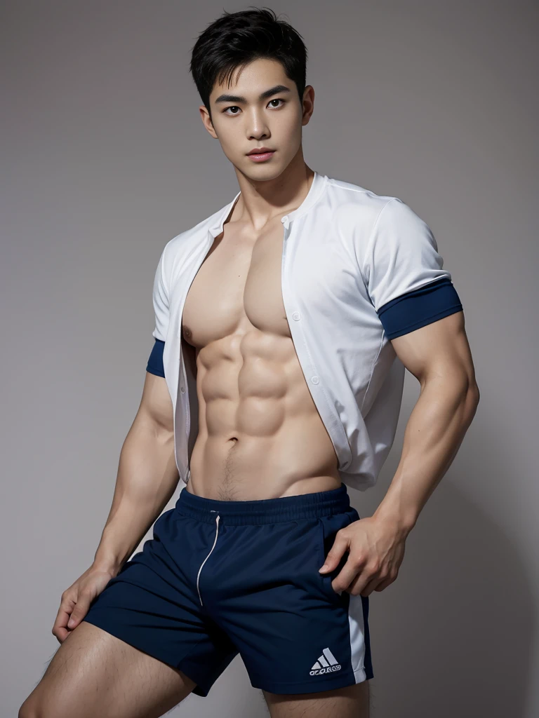 1 Handsome naked Japanese guy ,Sexy pose, A 20 year-old man wearing a Bare chest shirt and Excellent shorts stands against a white background, navy blue, navy blue, Sports T-shirt, blue, Excellent Sportswear, Gorgeous and sexy clothes, Sportswear, Short sleeve, Jinjinshen blue clothes, Tall young man, Tennis suits, 穿着Sportswear, dark blue decorative clothing,male,Bare chest,Full chest muscles,Swelling of chest muscles,Six-pack,Hips, Handsome,High,Muscles look good,hairy body,Sexy expression, Wheat complexion,black eyes(thin eyes 1:3),Full body image, Excellent, perfect dick shape, Perfect hand details,Detailed you, , Mostly juicy ass, The opening of your legs