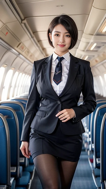 1beautiful womanl, 28years、hyperdetailed face、Detailed lips、A detailed eye、double eyelid、(Black bob hair、Smiling while walking gracefully down the aisle)、(Stewardess uniform:1.2)、((Stewardess suits)) ((beautiful tie)) ((blaclk tights stockings)) (Glamorous body)、(Colossal tits)、((short-cut hair))、（large full breasts）（big butts）（Plump body）（plump body shape）（ large full breasts）（Colossal tits）((J-Cup))、highs thighs thighs thighs, Perfect fit, Perfect image realism, Background with: (Business Class aisle on airplanes:1.2), Cowboy Shot, Meticulous background, detailed costume, Perfect litthing、Hyper-Realism、(Photorealsitic:1.4)、8K maximum resolution, (​masterpiece), ighly detailed, Professional