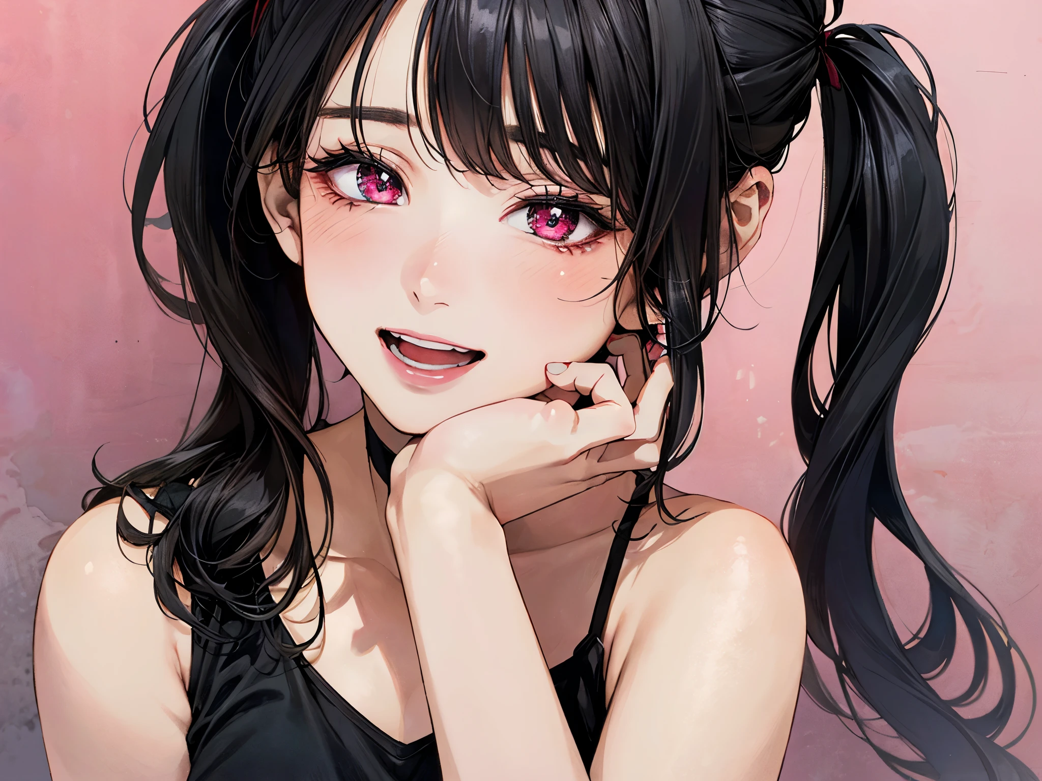 (masterpiece:1.3, top-quality, ultra high res, ultra detailed), (realistic, photorealistic:1.3), beautiful illustration, perfect lighting, natural lighting, colorful,
beautiful detailed hair, beautiful detailed face, beautiful detailed eyes, beautiful clavicle, beautiful body, beautiful chest, beautiful thigh, beautiful legs, beautiful fingers, shiny skin,
looking away, (face focus, extreme close-up, portrait), 1 girl, idol, , (perfect anatomy, anatomically correct, super detailed skin), cute and symmetrical face, babyface, perfect face, perfect eyes, perfect body,
(long hair, twintails, sideburns, black hair), bangs, maroon eyes, drooping eyes, big eyes, long eyelashes, (mwdium breasts, seductive thighs), slender,
(detailed cloth texture), short sleeve, clavicle, (black camisole:1.2), break, grey mini skirt, break, pink long hair ribbon, black choker, black manicure,
(beautiful scenery), summer, late afternoon, ((heart background)), , ((hands on chin)), (half-closed eye, heart-shaped pupils, crazy smile, orgasm, in heat, aroused, open mouth),
