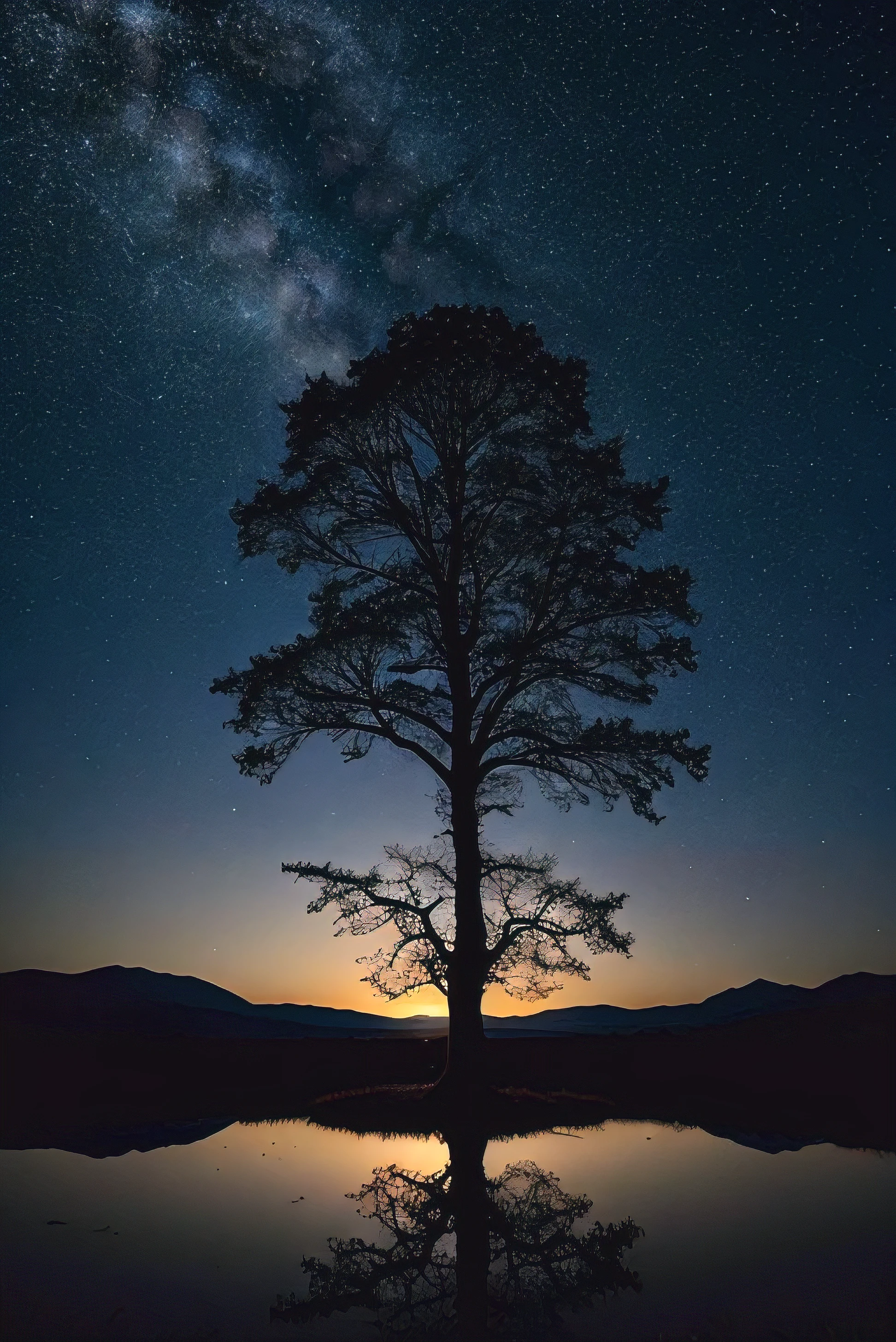 Imagine a serene landscape under a dark, starry sky. The moon, full and luminous, casts its soft glow across the land, illuminating a lone tree standing tall against the night. Its branches reach out like dark fingers, casting eerie shadows on the ground below. In the stillness of the night, the tree seems to hold a silent vigil, its silhouette a stark contrast against the vastness of the sky.