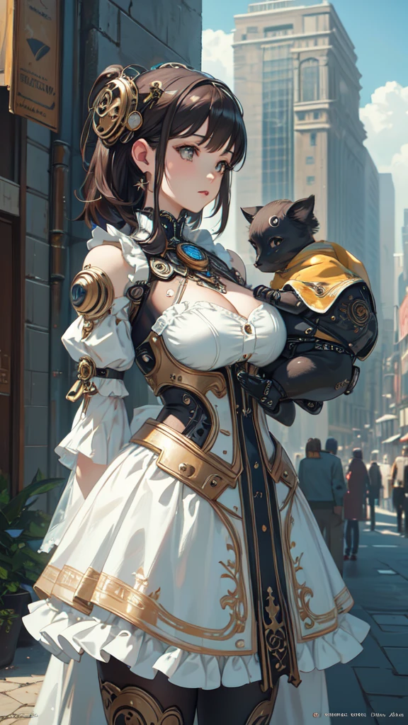 (8k, highest quality, masterpiece:1.2), (Realistic, photo-Realistic:1.37), Very detailed,Beautifully detailed sky,(highest quality),((Very delicate and beautiful)),((Cover your chest)),Cinematic Light,(1 Mechanical Girl),alone, (masterpiece, highest quality, highest quality, Official Art, beautifully、aesthetic:1.2), (A beautiful woman with a baby face), Very detailed,(Fractal Art:1.3),colorful,Most detailed, Background with fractals and mechanical steampunk details