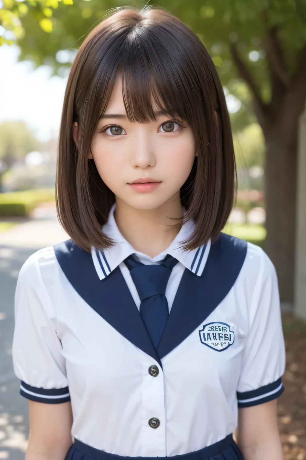 one girl, (a beauty girl, delicate girl:1.3), (16 years old:1.3),
break, (school uniform, serafuku:1.3),
break, very fine eyes, (symmetrical eyes:1.3),
break, (lush park:1.3), perfectly trimmed fingers,
break, small breasts, brown eyes, parted bangs, brown hair,
break, (eyes and faces with detailed:1.0),
break, (masterpiece, best quality, ultra detailed, detailed face, 8k)