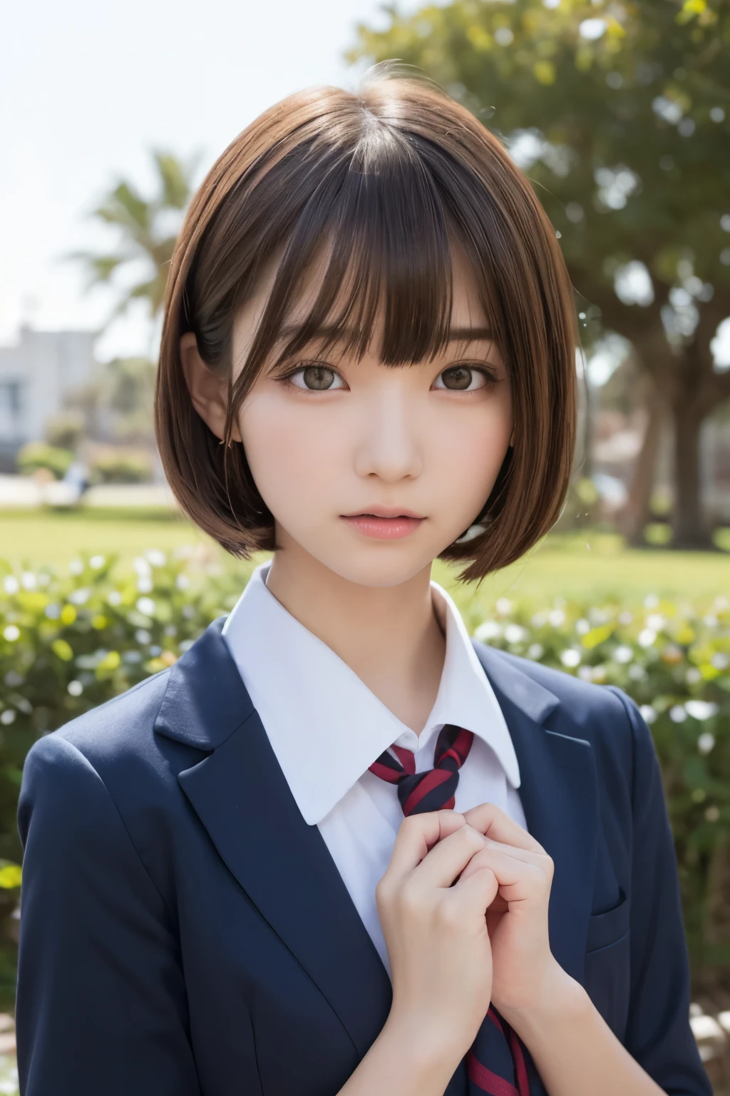 one girl, (a beauty girl, delicate girl:1.3), (16 years old:1.3),
break, (school uniform, serafuku:1.3),
break, very fine eyes, (symmetrical eyes:1.3),
break, (lush park:1.3), perfectly trimmed fingers,
break, small breasts, brown eyes, parted bangs, brown hair,
break, (eyes and faces with detailed:1.0),
break, (masterpiece, best quality, ultra detailed, detailed face, 8k)