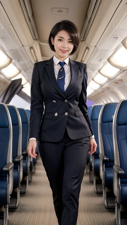 1beautiful womanl, 28years、hyperdetailed face、Detailed lips、A detailed eye、double eyelid、(Black bob hair、Smiling while walking gracefully down the aisle)、(Stewardess uniform:1.2)、((Stewardess pants suits)) ((beautiful tie)) (Glamorous body)、(Colossal tits)、((short-cut hair))、(large full breasts)(big butts)(Plump body)(plump body shape)( large full breasts)(Colossal tits)((J-Cup))、highs thighs thighs thighs, Perfect fit, Perfect image realism, Background with: (Business Class aisle on airplanes:1.2), Cowboy Shot, Meticulous background, detailed costume, Perfect litthing、Hyper-Realism、(Photorealsitic:1.4)、8K maximum resolution, (masterpiece), ighly detailed, Professional