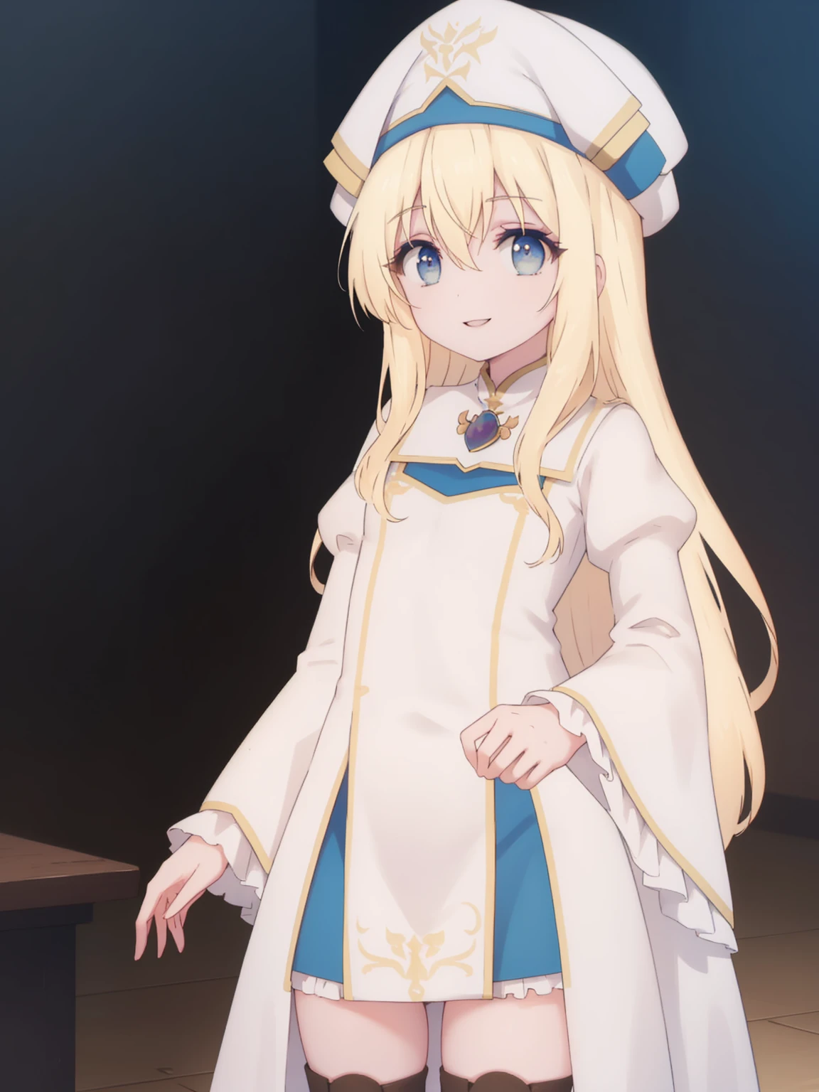 priestess, priestess, blonde hair, blue eyes, long hair, hair between eyes, (flat chest), smile,
BREAK boots, dress, frilled sleeves, frills, hat, white headwear, pelvic curtain, high heels, robe, thigh boots, thighhighs, white thighhighs, long sleeves, puffy sleeves,
BREAK indoors, church,
BREAK looking at viewer, (cowboy shot:1.5),
BREAK (masterpiece:1.2), best quality, high resolution, unity 8k wallpaper, (illustration:0.8), (beautiful detailed eyes:1.6), extremely detailed face, perfect lighting, extremely detailed CG, (perfect hands, perfect anatomy),