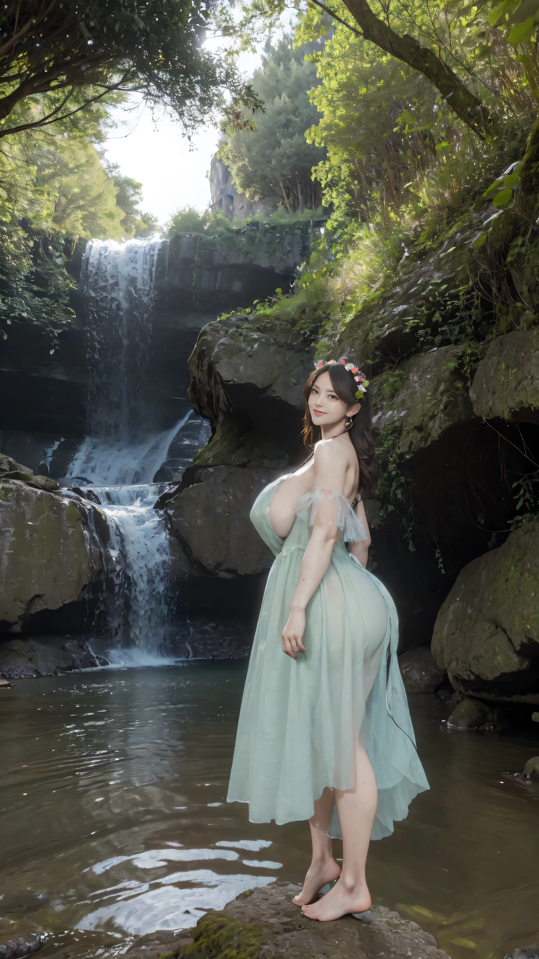 high quality,8K,high resolution,wife standing on Rock,her face is visible, close-up portrait, 1 personality,tall,realistic texture,Much Muchi,cute smile,one hand on back hip,(Plump body 8),(wearing beautiful fairy dress, fairy dress net design on endings), original fairy dress frock,(Muchimuchi body 8),(beautiful big waterfall forest river scenery),colorful, round sunglasses,