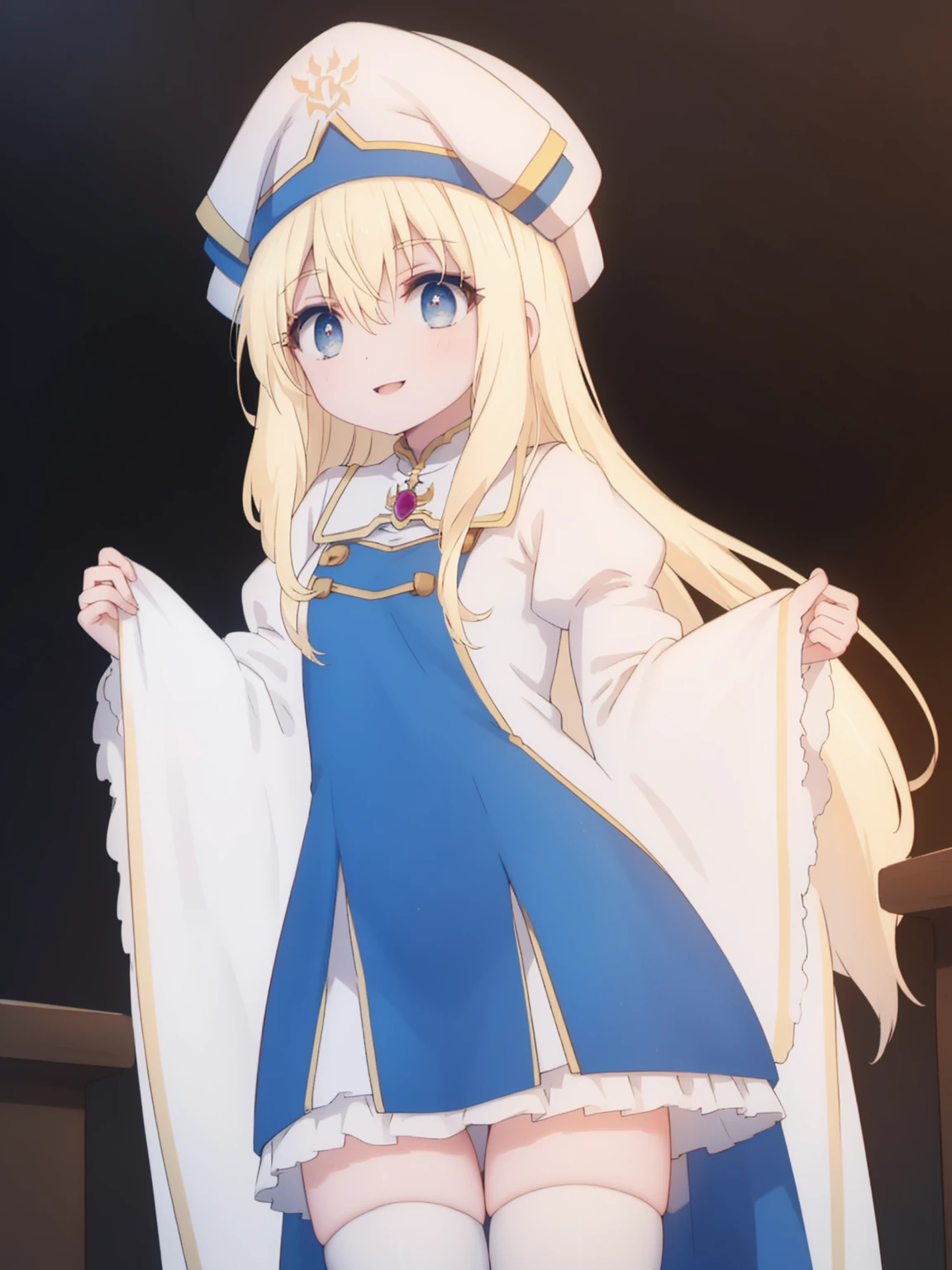 priestess, priestess, blonde hair, blue eyes, long hair, hair between eyes, (flat chest), smile,
BREAK boots, dress, frilled sleeves, frills, hat, white headwear, pelvic curtain, high heels, robe, thigh boots, thighhighs, white thighhighs, long sleeves, puffy sleeves,
BREAK indoors, church,
BREAK looking at viewer, (cowboy shot:1.5),
BREAK (masterpiece:1.2), best quality, high resolution, unity 8k wallpaper, (illustration:0.8), (beautiful detailed eyes:1.6), extremely detailed face, perfect lighting, extremely detailed CG, (perfect hands, perfect anatomy),