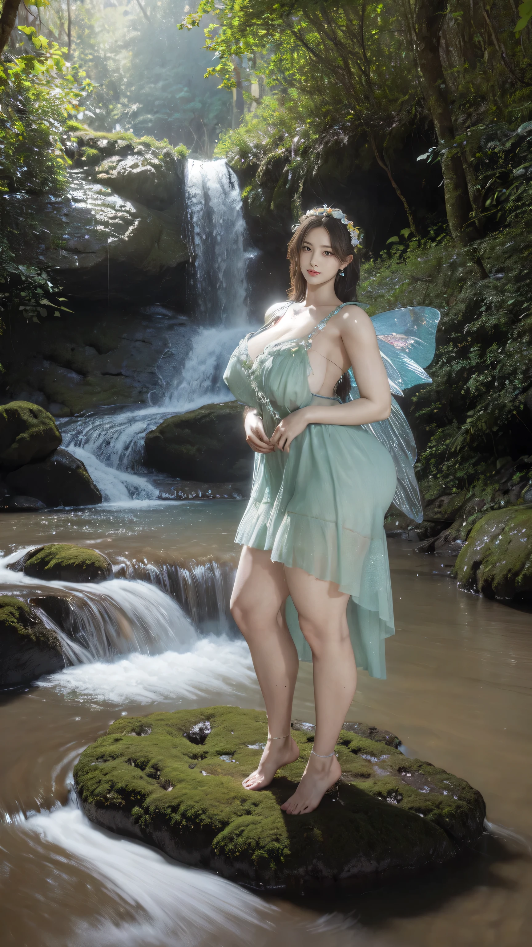 high quality,8K,high resolution,wife standing on Rock,her face is visible, close-up portrait, 1 personality,tall,realistic texture,Much Muchi,cute smile,one hand on back hip,(Plump body 8),(wearing beautiful fairy dress, fairy dress net design on endings), original fairy dress frock,(Muchimuchi body 8),(beautiful big waterfall forest river scenery),colorful, round sunglasses,