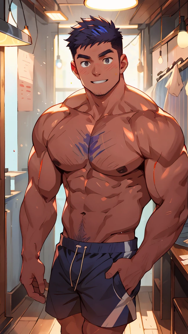 (masterpiece,best quality,H),1 person,nude男孩,Very shy,My face turned red,Shy,muscular,Delicateeyes,nude,(nude),blue eyes,Shirtless,whole body,Blue purple short hair,(fluorescent lamp),(a color),((Blue Background)),Striped shorts