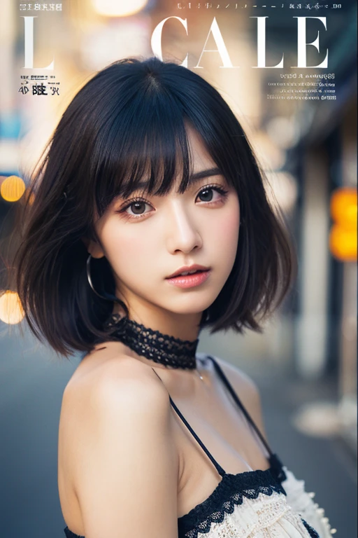 Analog Style, RAWphotograph, photograph, Hyperrealistic, amateur photo shot , Aesthetic artwork, Magazine Cover, On the city streets, Detailed skin, detailed natural raw light, Very detailedな, Cinematic, highest quality, Super detailed, Very detailed, grain, noise, Heading, stylish, font, Memorable、A boyish and healthy beautiful girl, Beautiful Eyes, Realistic eyes, Beautiful details in the eyes, (Realistic Skin),Japanese Idols、short hair、choker、Garter Stockings、(((Magazine Cover、Large text、Stylish font)))