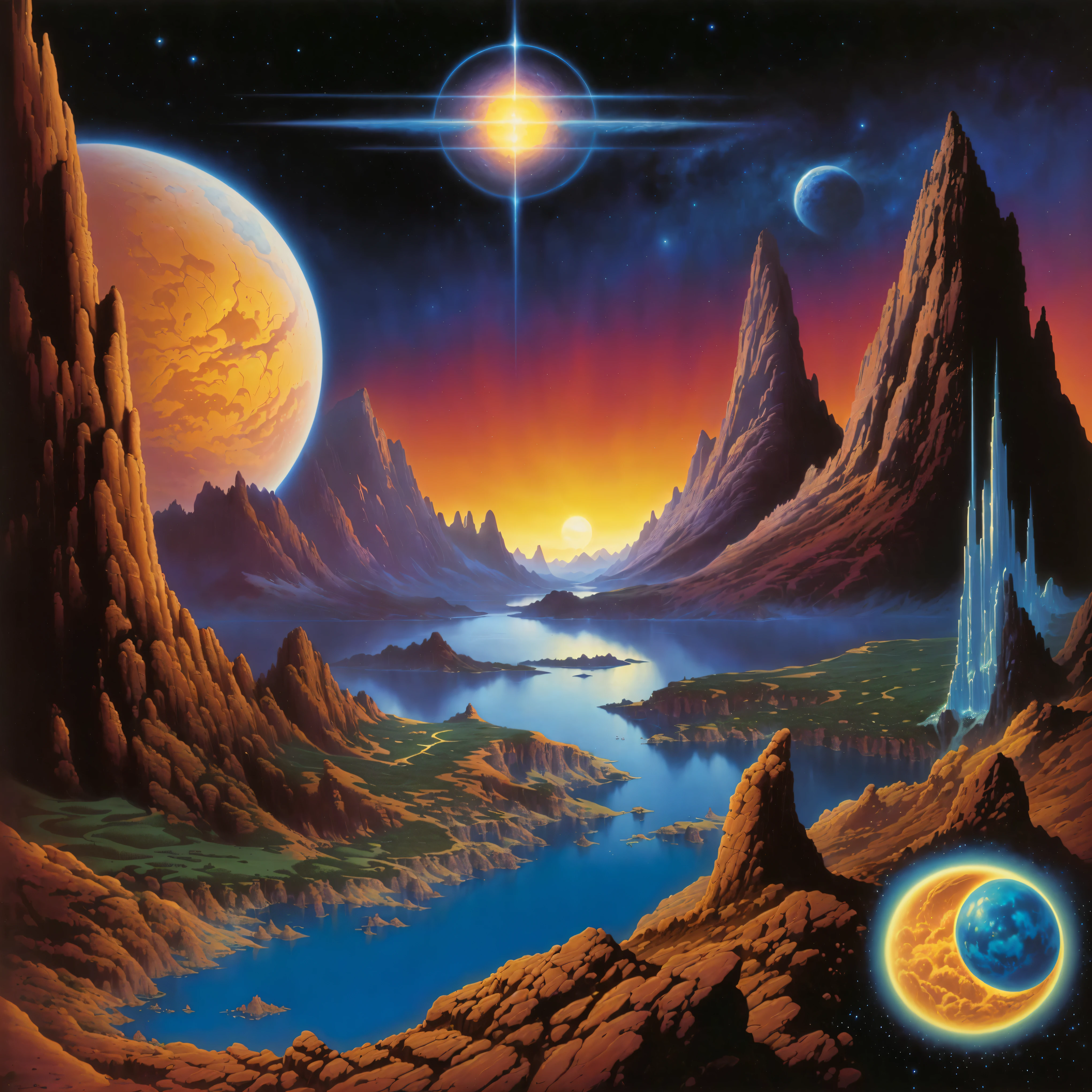 a painting of a landscape with a lake and mountains, style of tim hildebrandt, by Tim Hildebrandt, by David B. Mattingly, style of jim burns, style of tim white, inspired by Tim Hildebrandt, wayne barlowe pierre pellegrini, wayne barlowe greg rutkowski, landscape of an alien world, cosmic landscape, greg hildebrandt highly detailed