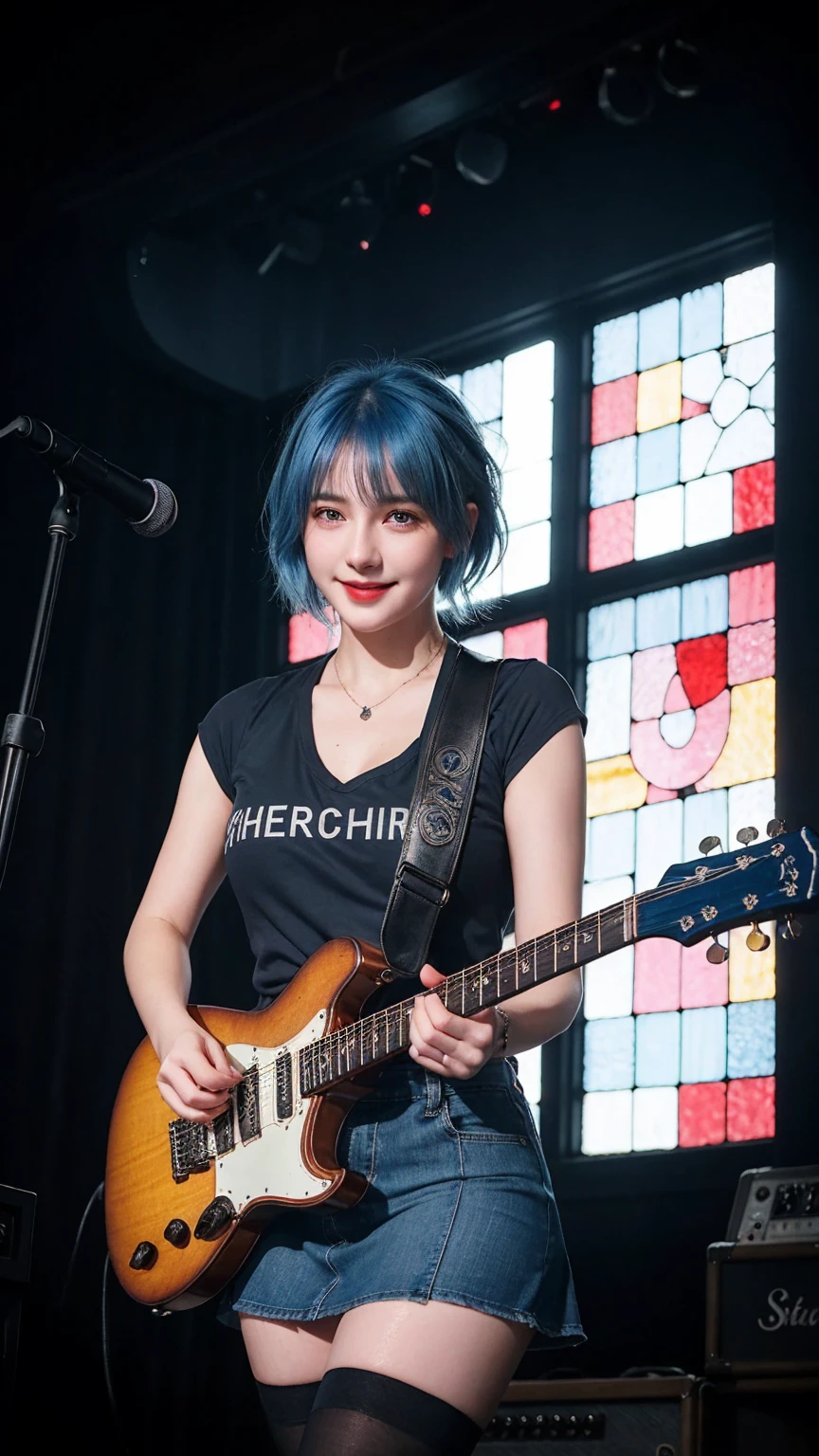 ((best quality)), photorealistic, photorealism, Photorealistic, high resolution, denim jacket、 rock t shirt、Red checked knee-length skirt、Long skirt、JK Style、Jacket、smile、Knee-high socks、Thigh-high socks、pantyhose、A superb beauty、Super cute、ennui、Rare beauty、Very Short hair、Aestethic tatoo, Black Dark Eyeshadow、Sad、white skin、pale skin, Very short hair layered、Dark Gothic Makeup、Cute Smile、Fragrant beauty、Stained glass background、Mastepiece、Best Quality、Refers to 5 books、Sweat glistening on my chest、Sweat glistening on my face、Small breasts、Blue hair、Age 20 years old、Mysterious look、A sad expression、Blue Hair、mysterious gothic church、enchanting castle、Sweating profusely all over the body、A lot of sweat and light on the thighs、Shiny thighs、Plenty of sweat glistening on the thighs、A large amount of sweat glistens on my thighs、Sweating profusely、Gal、Medium breasts、beautiful face、Alluring expression、Thin thighs、Playing electric guitar、I have an electric guitar、Sing a song enthusiastically、Playing guitar in a band、Playing guitar chords、Live House Background、Sing a song、Open your mouth、Live house scenery、Mike stand、Glamorous live stage、Dynamic Angle、cinematic lighting
