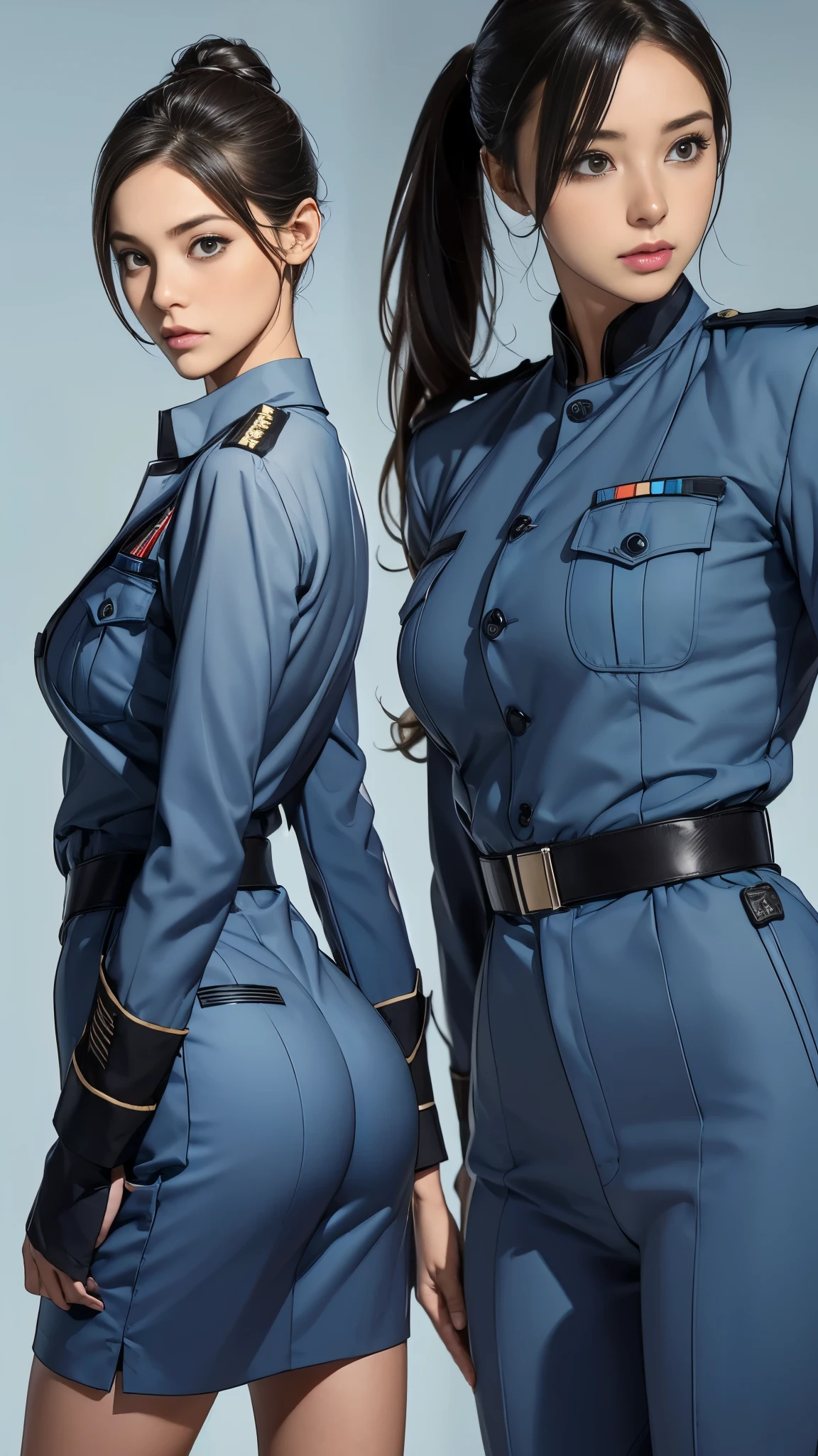 ((masterpiece)),(((highest quality))),((Reference Sheet, Character Design, front, return, ~ ~ side, Mr..々Hairstyle, Mr..々Performance, Facial Expressions)), 14-year-old girl, Cute type, (Very slim:1.4), (Very small ass:1.4), Realistic buttocks, (Big Breasts:1.3), Short Bob, Thin thighs, Long legs, It's not a big deal,(A female Earth Federation officer is walking), (Wearing Earth Federation military uniform, Light grey and light blue military uniform),(Worn by federal government employees'White Hat:1.5)