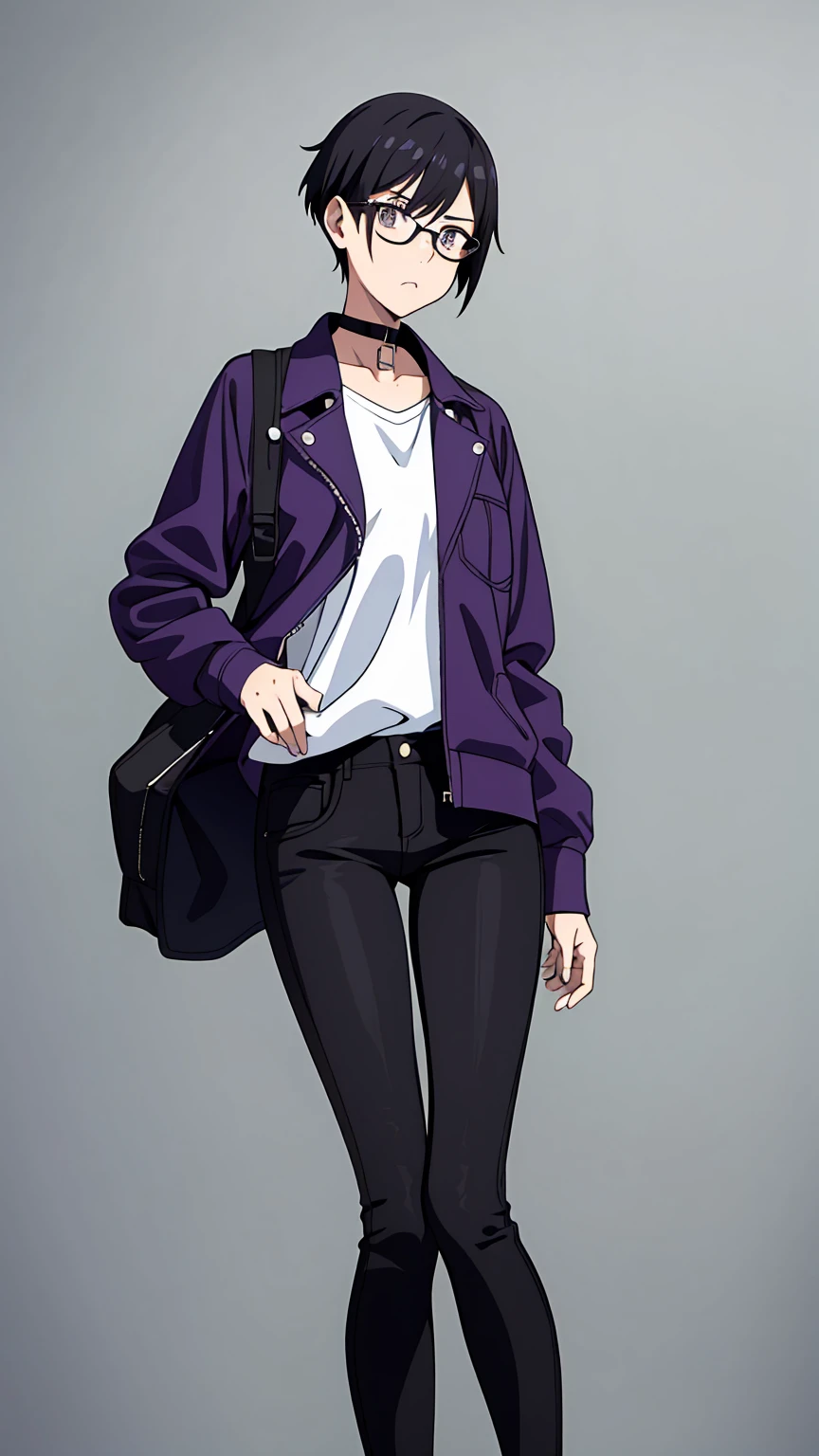 Tomboy mature girls, feel superior, Black short hair, wearing cool eyeglass, wearing plain black chokers, wearing short purple jacket closed zipper, wearing black long jeans, crossing arms over the chest, White plain background.
