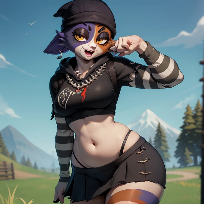 (best quality, masterpiece:1), solo, (shaded face:1.2), furry female anthro meowskulls, (noseless:1.3), standing, tail, smile, looking at viewer, open mouth, necklace, wide-eyed, beanie, black hoodie, striped sleeves, purple skirt, fish hook piercing, (grass dirt background background:1.1), Black nosel, fortnite, thick thighs, wide hips, belly Button, navel, teeth, skirt, semi realistic, size K bra and breasts, a little fat
