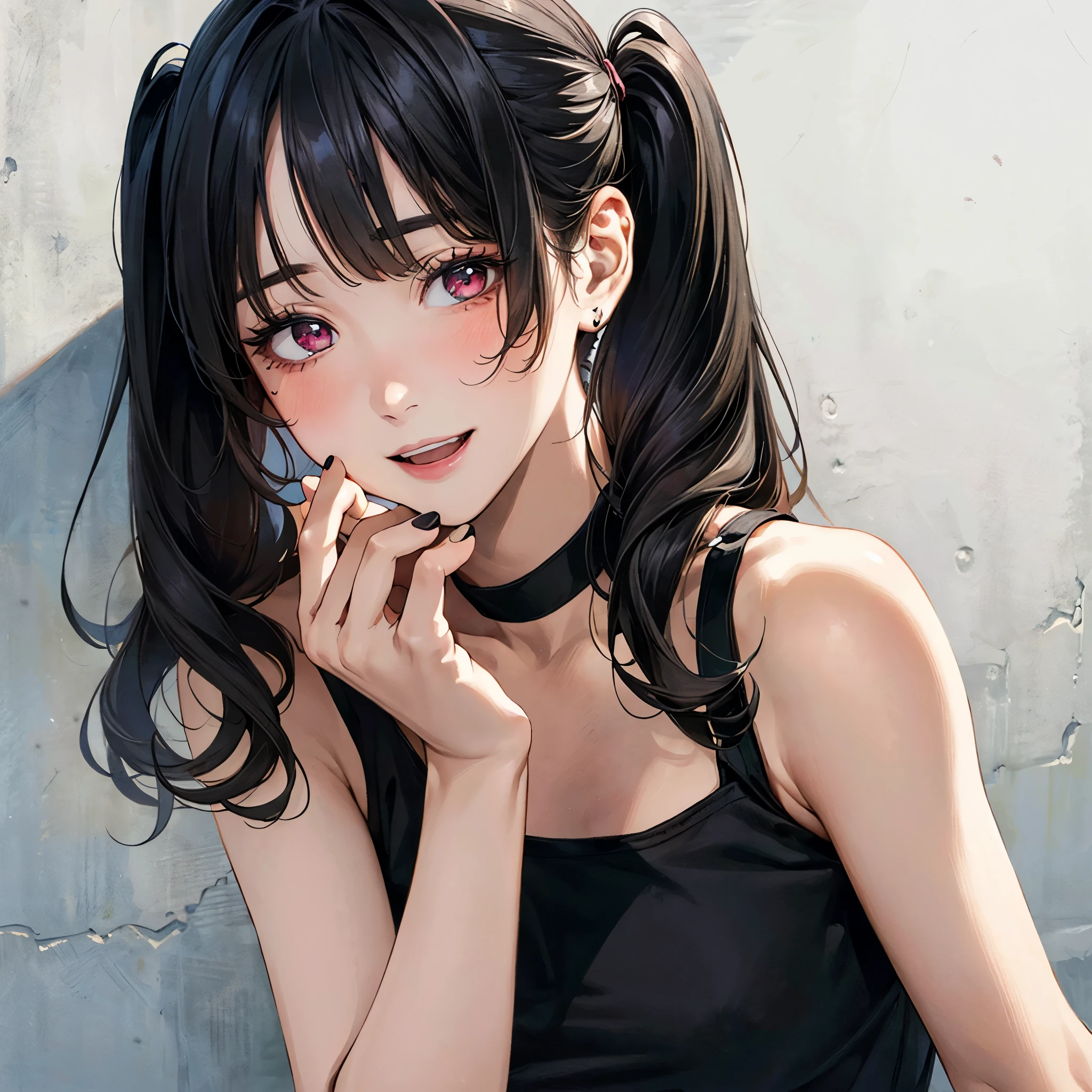 (masterpiece:1.3, top-quality, ultra high res, ultra detailed), (realistic, photorealistic:1.4), beautiful illustration, perfect lighting, natural lighting, colorful, 
beautiful detailed hair, beautiful detailed face, beautiful detailed eyes, beautiful clavicle, beautiful body, beautiful chest, beautiful thigh, beautiful legs, beautiful fingers, shiny skin, 
looking away, (face focus, extreme close-up, portrait), 1 girl, idol, , (perfect anatomy, anatomically correct, super detailed skin), cute and symmetrical face, babyface, pet face, perfect eyes, perfect body, 
(long hair, twintails, sideburns, black hair), bangs, maroon eyes, drooping eyes, big eyes, long eyelashes, (mwdium breasts, seductive thighs), slender, 
(detailed cloth texture), short sleeve, clavicle, (black camisole:1.2), break, grey mini skirt, break, pink long hair ribbon, black choker, black manicure, 
(beautiful scenery), summer, late afternoon, ((heart background)), , ((hands on chin)), (half-closed eye, heart-shaped pupils, crazy smile, orgasm, in heat, aroused, open mouth), 