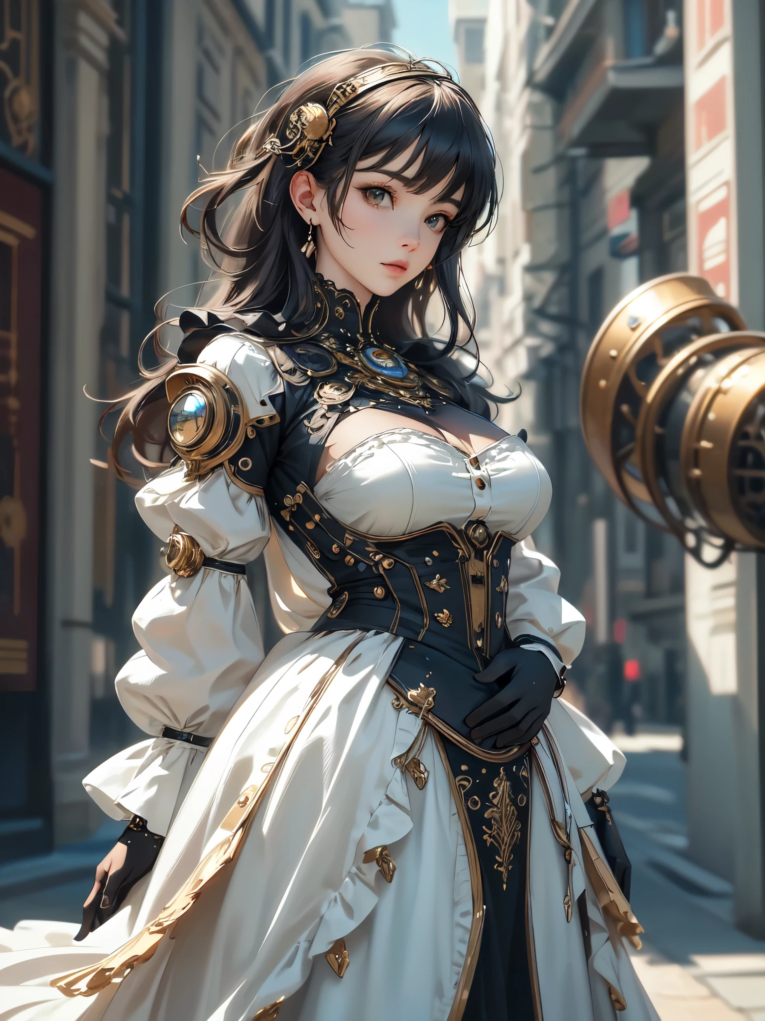(8k, highest quality, masterpiece:1.2), (Realistic, photo-Realistic:1.37), Very detailed,Beautifully detailed sky,(highest quality),((Very delicate and beautiful)),((Cover your chest)),Cinematic Light,(1 Mechanical Girl),alone, (masterpiece, highest quality, highest quality, Official Art, beautifully、aesthetic:1.2), (A beautiful woman with a baby face), Very detailed,(Fractal Art:1.3),colorful,Most detailed, Background with fractals and mechanical steampunk details