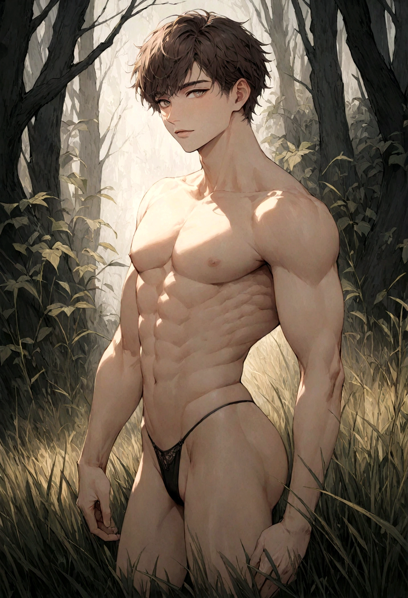 Handsome Boy, 25 years old, spiky brown hair, Light hazel eyes, A man standing in the grass, mysterious light, shirtless, Only wear microthong., muscular body, looking into the camera, half body shot, Head to thigh,