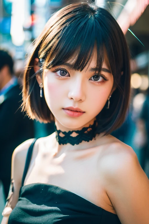 Analog Style, RAWphotograph, photograph, Hyperrealistic, amateur photo shot , Aesthetic artwork, Magazine Cover, On the city streets, Detailed skin, detailed natural raw light, Very detailedな, Cinematic, highest quality, Super detailed, Very detailed, grain, noise, Heading, stylish, font, Memorable、A boyish and healthy beautiful girl, Beautiful Eyes, Realistic eyes, Beautiful details in the eyes, (Realistic Skin),Japanese Idols、short hair、choker、Garter Stockings