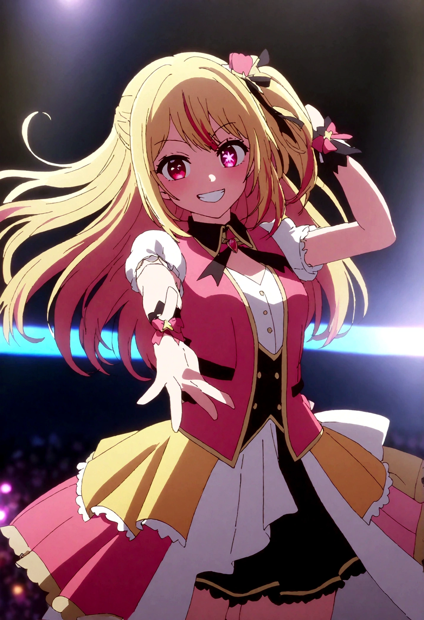 hoshinoruby, star-shaped pupils, ruby_hoshino, idol, blonde hair, bangs, 1girl, pink eyes, long hair, looking at viewer, red eyes, streaked hair, idol costumes, on stage, grin,