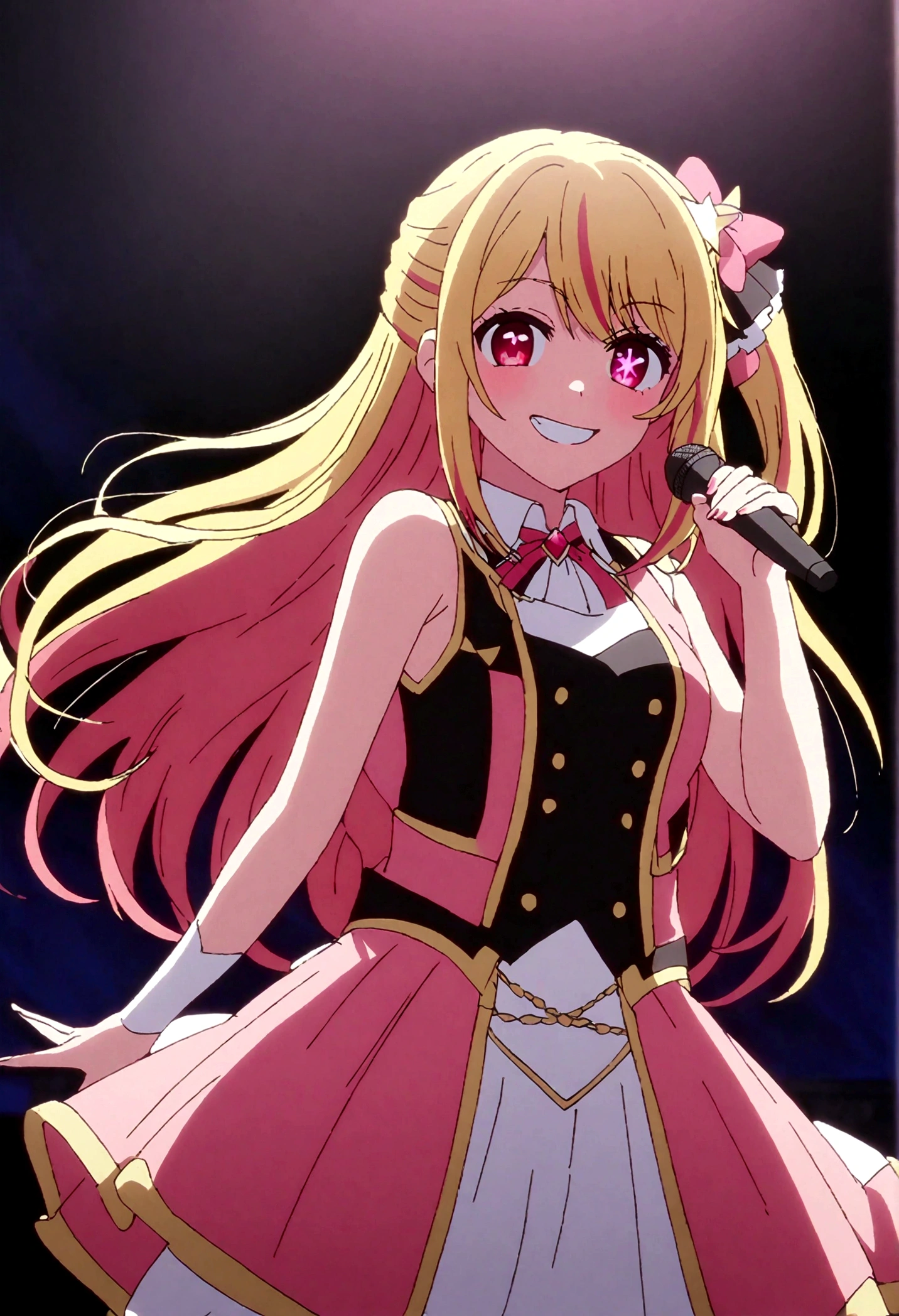 hoshinoruby, star-shaped pupils, ruby_hoshino, idol, blonde hair, bangs, 1girl, pink eyes, long hair, looking at viewer, red eyes, streaked hair, idol costumes, on stage, grin,