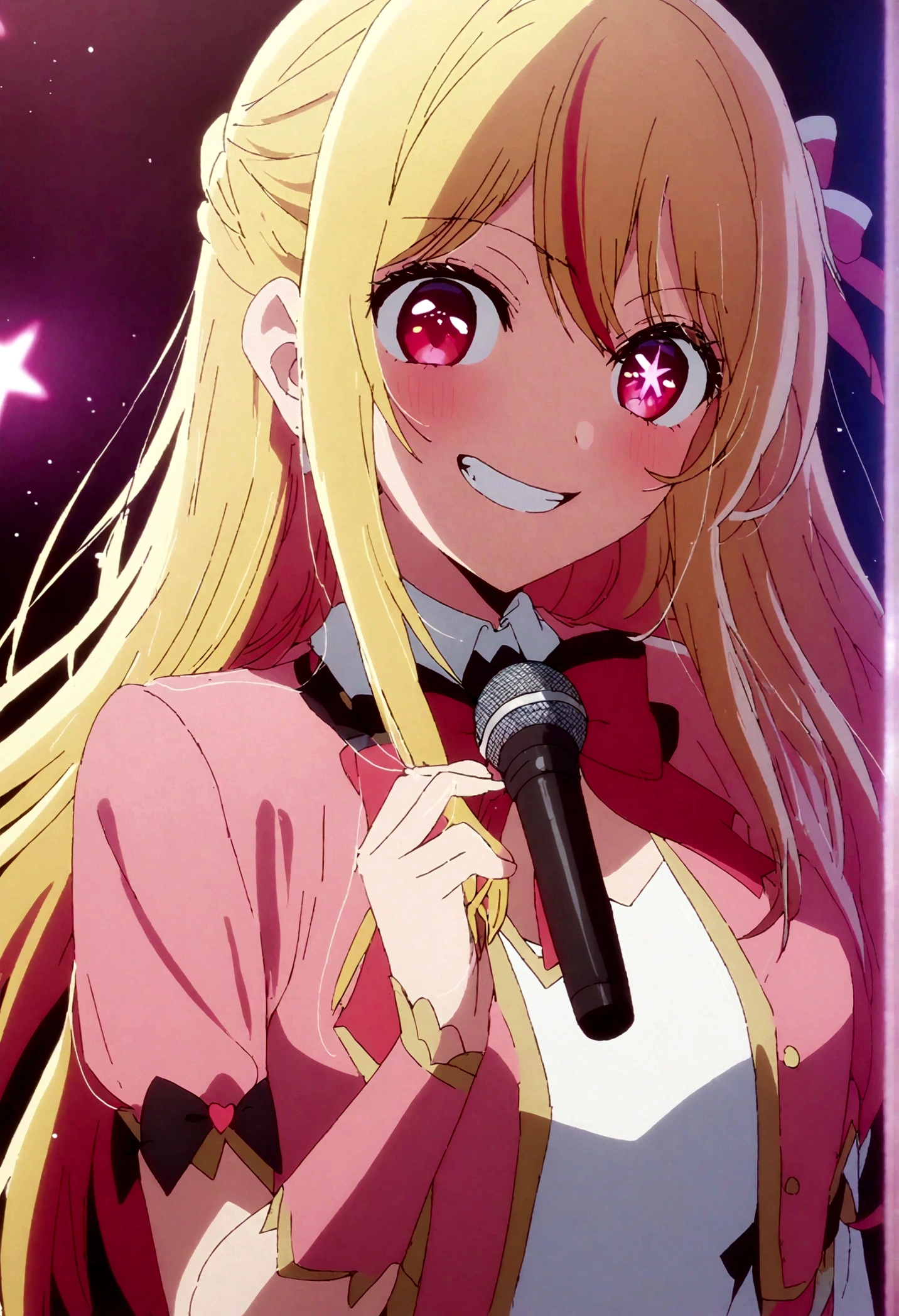 hoshinoruby, star-shaped pupils, ruby_hoshino, idol, blonde hair, bangs, 1girl, pink eyes, long hair, looking at viewer, red eyes, streaked hair, idol costumes, on stage, grin,