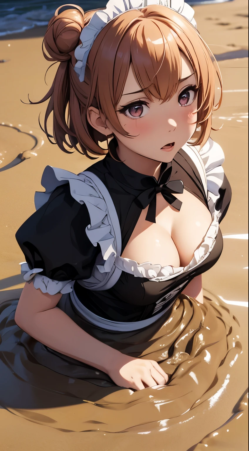 1girl, solo, masterpiece, best quality, high res, highly detailed, (illustration), beatiful detailed eyes, yuigahama yui, single hair bun, glossy lips, light make-up, (maid), cleavage, (upset), small maid apron, (quicksand:1.3), partially submerged, skirt spread over the sand