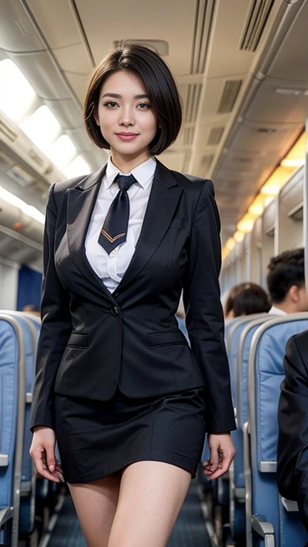 1beautiful womanl, 28years、hyperdetailed face、Detailed lips、A detailed eye、double eyelid、(Black bob hair、Smiling while walking gracefully down the aisle)、(Stewardess uniform:1.2)、((Stewardess suits))  ((beautiful tie)) (Glamorous body)、(Colossal tits)、((short-cut hair))、（large full breasts）（big butts）（Plump body）（plump body shape）（ large full breasts）（Colossal tits）((J-Cup))、highs thighs thighs thighs, Perfect fit, Perfect image realism, Background with: (Business Class aisle on airplanes:1.2), Cowboy Shot, Meticulous background, detailed costume, Perfect litthing、Hyper-Realism、(Photorealsitic:1.4)、8K maximum resolution, (​masterpiece), ighly detailed, Professional
