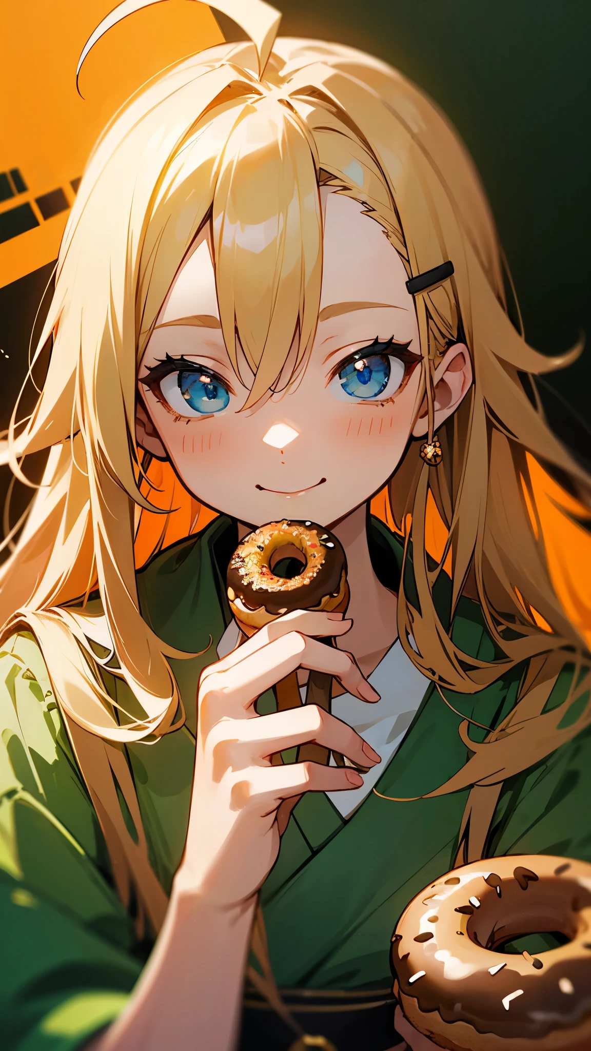 Single Portrait、20-year-old woman、smile、impression、(oil)、Green and orange tones、String Maki、hairpin、Blonde、Long Hair、Blue Eyes、Ahoge、Eating a donut、delicious