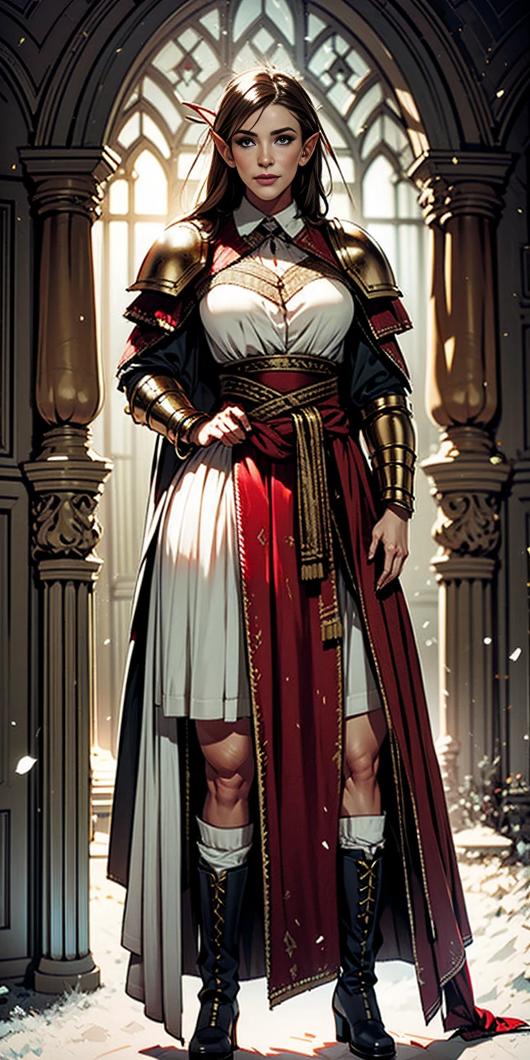 female elf villager tattered rags, sex slave crest, full body standing straight symmetrical, FEMALE warrior princess, big belt around waist, hair, very white skin like snow, wearing full heavy armor red cape, brown leather boots, adventurer outfit, veteran warrior MILF bimbo