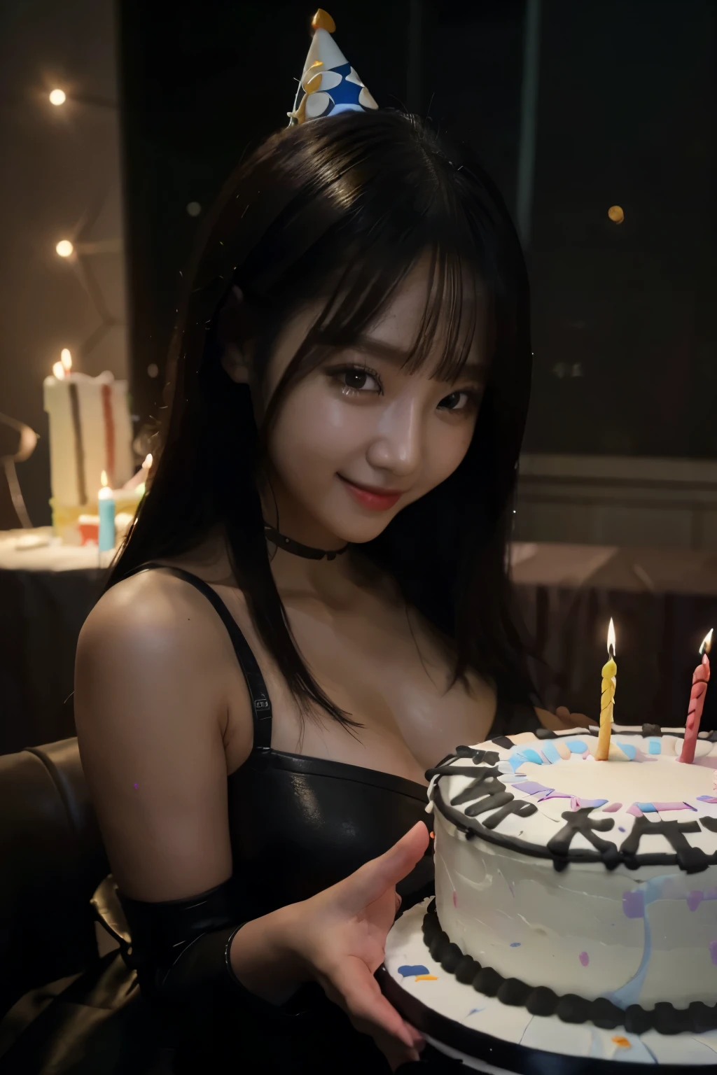 (8k,  best quality, masterpiece:1.2),dark lighting,photon mapping,radiosity,Korean Doll,1girl,tasting her (big birthday cake:1.5),smiling,extreme detailed black sexy leather,above knee,birthday candle