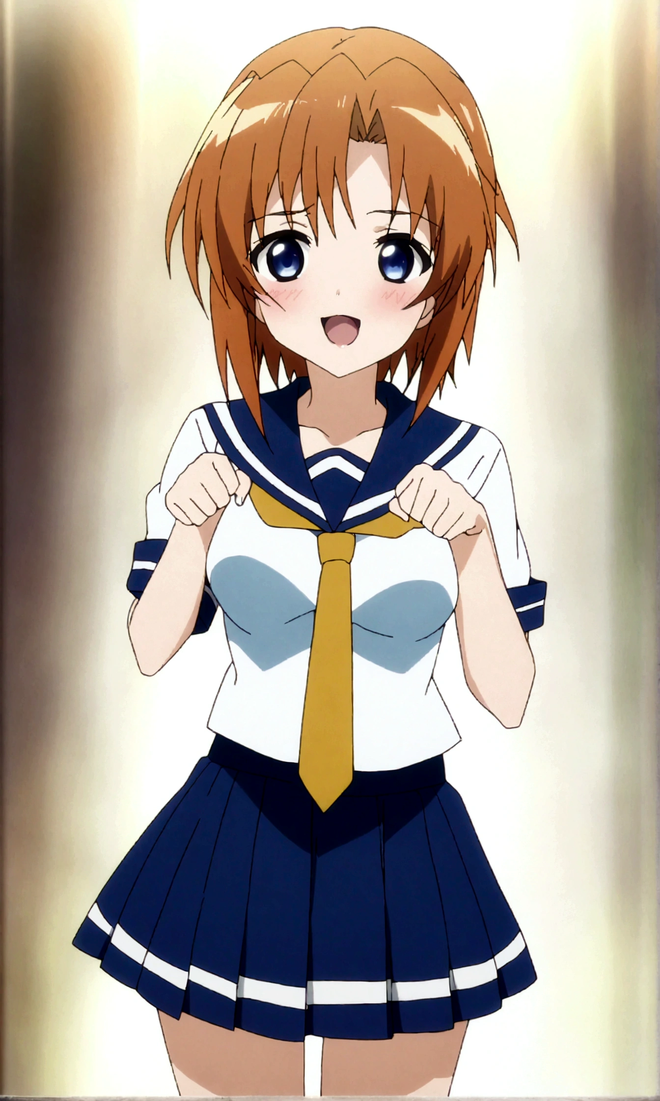 score_9, score_8_up, score_7_up, source_anime, , 1girl, ryuuguu rena, solo, teenage, kawaii, breasts, medium breasts, blue eyes, blush, open mouth, orange hair, short hair, breasts, simple background, white background, blue , serafuku, skirt, smile, pleated skirt, blue skirt, necktie, yellow necktie,(paw pose,hands up)straight-on,anime screencap, anime coloring,(best quality),(aesthetic,very aesthetic),anime keyvisual,sharp focus,depth of field,,professional lighting,cinematic lighting,