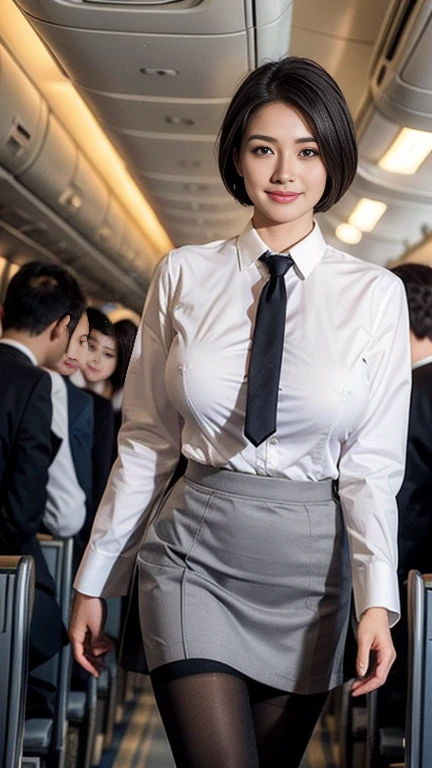 1beautiful womanl, 28years、hyperdetailed face、Detailed lips、A detailed eye、double eyelid、(Black bob hair、Smiling while walking gracefully down the aisle)、(Stewardess uniform:1.2)、((Stewardess suits)) ((Skirts)) ((beautiful tie))  ((blaclk tights stockings))(Glamorous body)、(Colossal tits)、((short-cut hair))、（large full breasts）（big butts）（Plump body）（plump body shape）（ large full breasts）（Colossal tits）((J-Cup))、highs thighs thighs thighs, Perfect fit, Perfect image realism, Background with: (Business Class aisle on airplanes:1.2), Cowboy Shot, Meticulous background, detailed costume, Perfect litthing、Hyper-Realism、(Photorealsitic:1.4)、8K maximum resolution, (​masterpiece), ighly detailed, Professional
