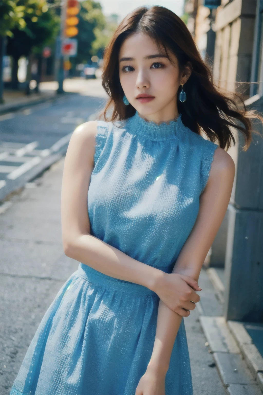 a woman posing on the street corner with light blue dress on, best quality, high res, 8k, 1girl, (huge breasts), day, bright, outdoor, (street:0.8), (people, crowds:1), (lace-trimmed dress:1.5, light blue clothes:1.5, blue high-neck dress:1.5, sleeveless dress, blue dress: 1.5), gorgeous, (forehead, medium hair), beautiful detailed sky, beautiful earrings, (dynamic pose:0.8), (upper body:1.2), soft lighting, wind, shiny skin, looking at viewer, pain,pained expression,