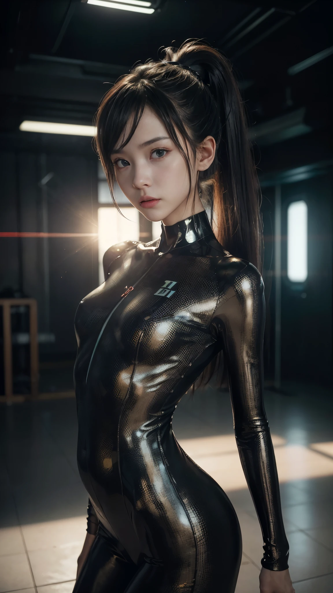 ((An incredible amount of aura emanates from the entire body.:1.3)), ((highest quality)), ((masterpiece)), ((Realistic)), (detailed), (Photorealistic:1.5), (Future Beautiful Girl:1.3, Asian:1.1, Baby Face:1.7), (Very thin body), (((Tight grey bodysuit))), ((14 years, Height 143cm)), ((SF:1.3)), ((Smart Devices)), ((Brown Hair, ponytail, Pineapple hair:1.2)), (((Small and slender figure))), (Looking into the camera), ((Sexy pose:1.2)), Hmph, Ray Tracing, NVIDIA, Super Resolution, Scattered beneath the surface, PBR Texturing, postprocessed, Anisotropic Filtering, Depth of written boundary, Maximum clarity, Rule of thirds, (8K RAW), (非常にdetailedなCG, Unity 8k wallpaper, (Cinematic lighting:1.1), (Lens flare), Reflective plate, Sharp focus, (Cyberpunk art, Cyberpunk architecture), (Accurate Shadows:1.2), (detailedな目と顔:1.3), detailedな手:1.3, &#39;s small hand:1.3)