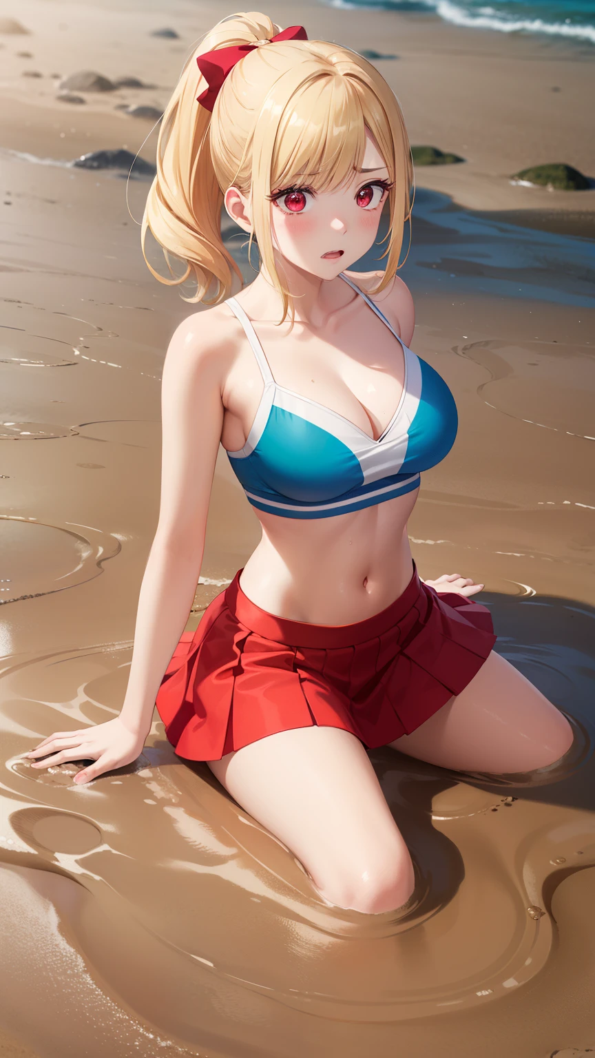 masterpiece, ultra-detailed, illustration, game cg, best quality, highres, kitagawa marin, 1girl, short blonde ponytail, swept bangs, gradient hair, red eyes, glossy lips, (upset), large breasts, beach, (quicksand:1.3), cheerleader  midriff, partially submerged, skirt spread over the sand, cleavage