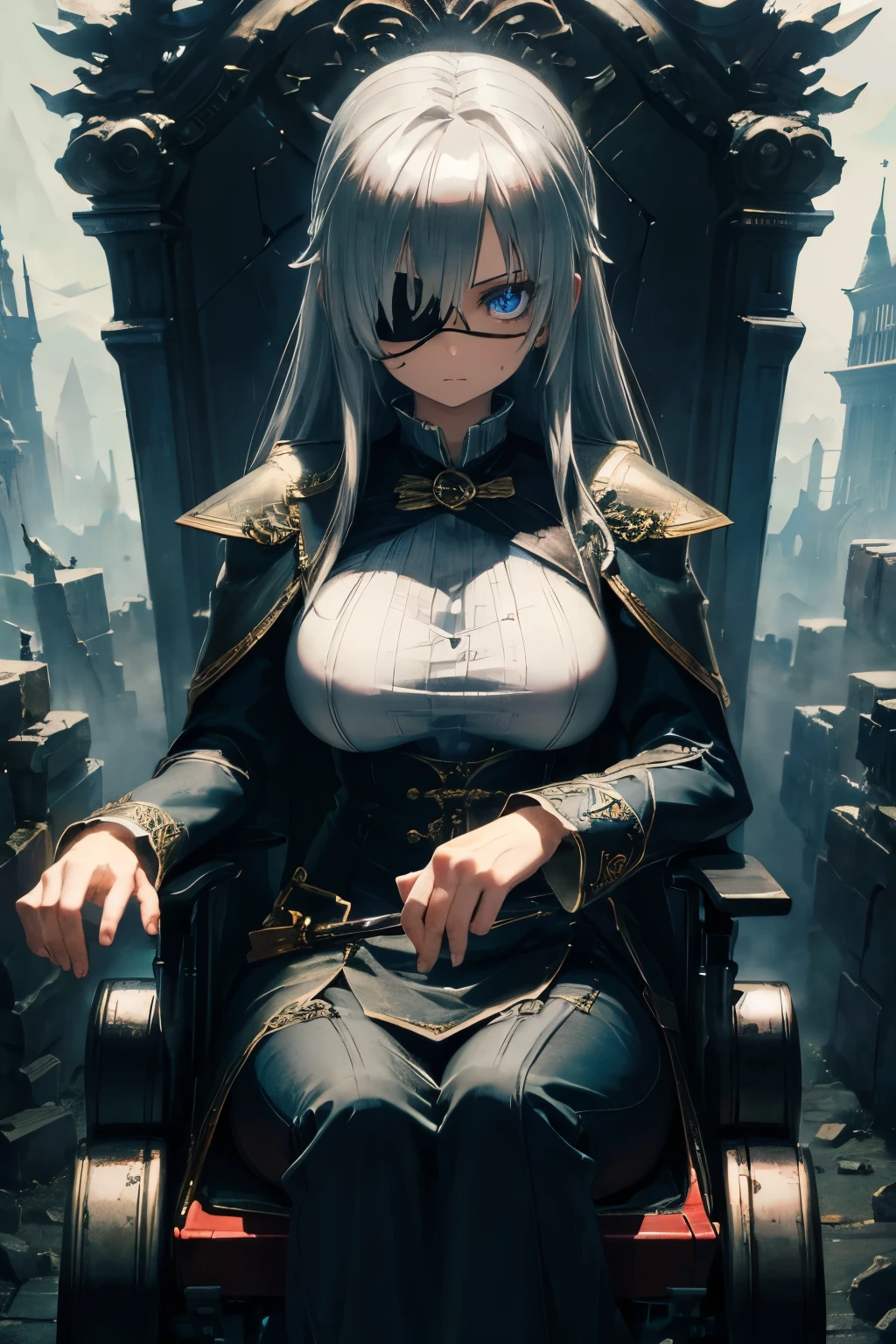 (masterpiece),highest quality,Super detailed,8k,tall,woman,Silver Hair,Blue Eyes,Expressionless,Big Tits,wheelchair,Eye patch,