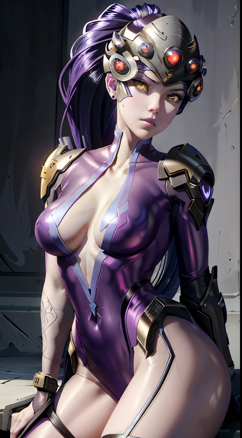 sit, spread your legs to the sides, focus on the vagina,ultra detailed,realistic shot, high resolution, ultra detailed face, cute eyes, eyes shining, natural light, cinematic light, realistic body, detailed body, detailed eyes, realistic face, masterpiece, not wearing clothes, naked, vagina, pussy, masterpiece, not wearing clothes, naked, vagina, pussy, medium , high quality, 8k, best quality,WidowOver, 1girl, solo, widowmaker \(overwatch\), head-mounted display, yellow eyes, colored skin, long hair, ponytail, breasts, looking at viewer, purple skin, purple hair, bodysuit, gradient, medium breasts, cleavage, hair pulled back, parted lips, lips