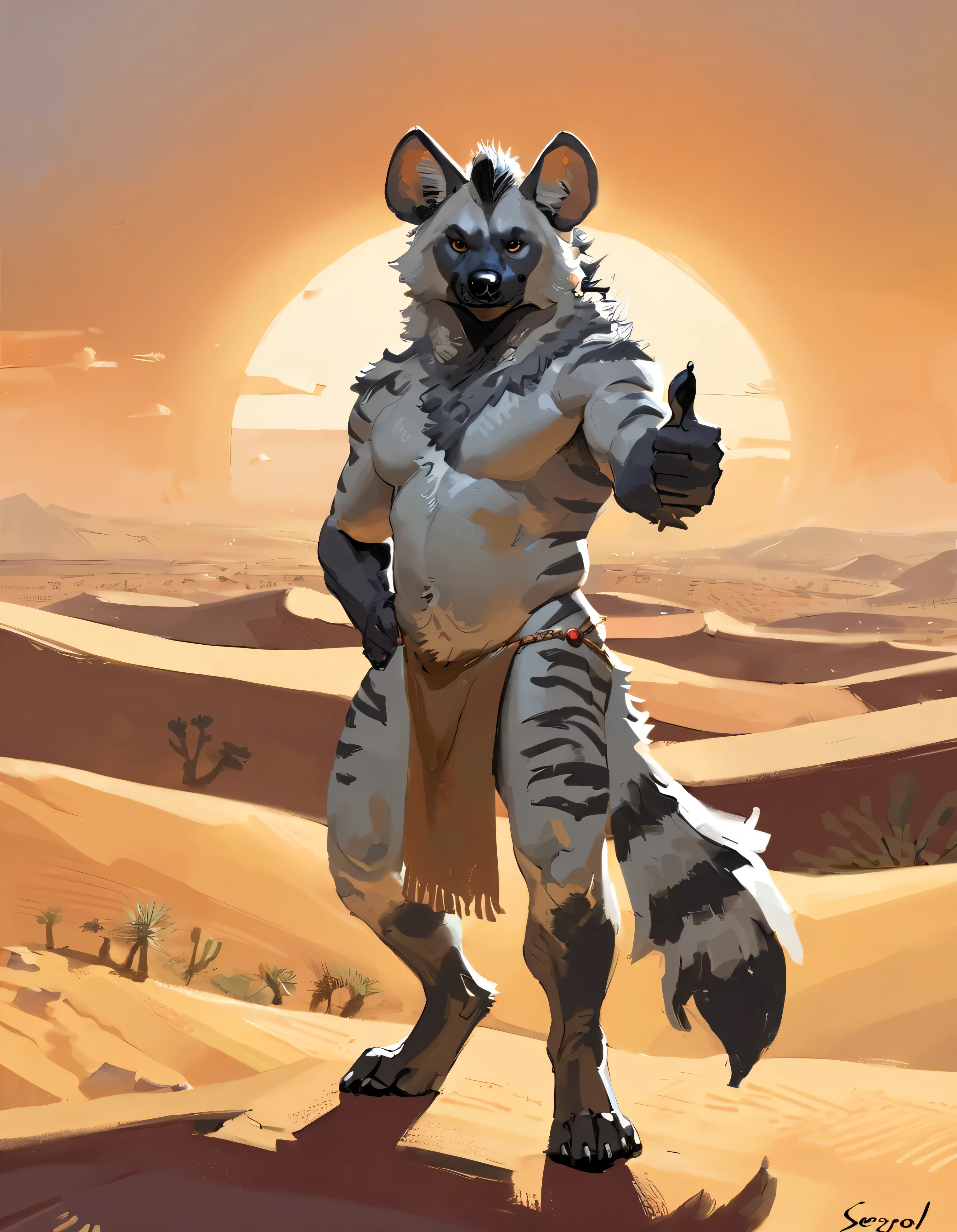 (striped hyena), (solo), male, anthro, (by seyorrol), (tail:1.3), (perfect hands), ((mean expression)), ((intricate detailed background, sahara desert background, dusk)), powerful silhouette, mysterious shadows), realistic shading, (epic, masterpiece, high quality, 8k, ultra HD, absurd res, top quality, best quality, max quality, masterpiece), ((thick fur, gray fur, beefy)), striped hyena tail, correct anatomy:1.2, ((mature male)), sexy, (thumbs up, looking at viewer), (buldge, loincloth)